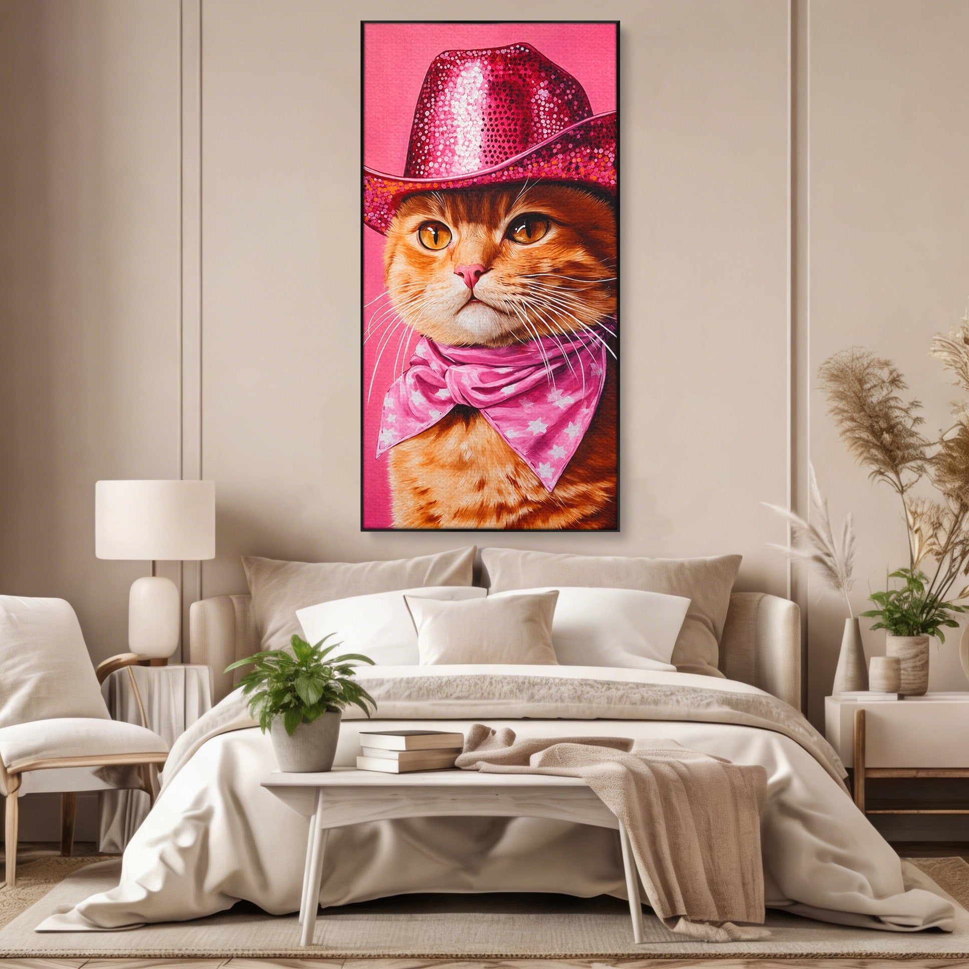 Tablou Canvas Premium LuxCanva® M1657, Pisica Cu Palarie Roz, Pisica, Palarie, Roz, Portret, Living, Culori Vibrante