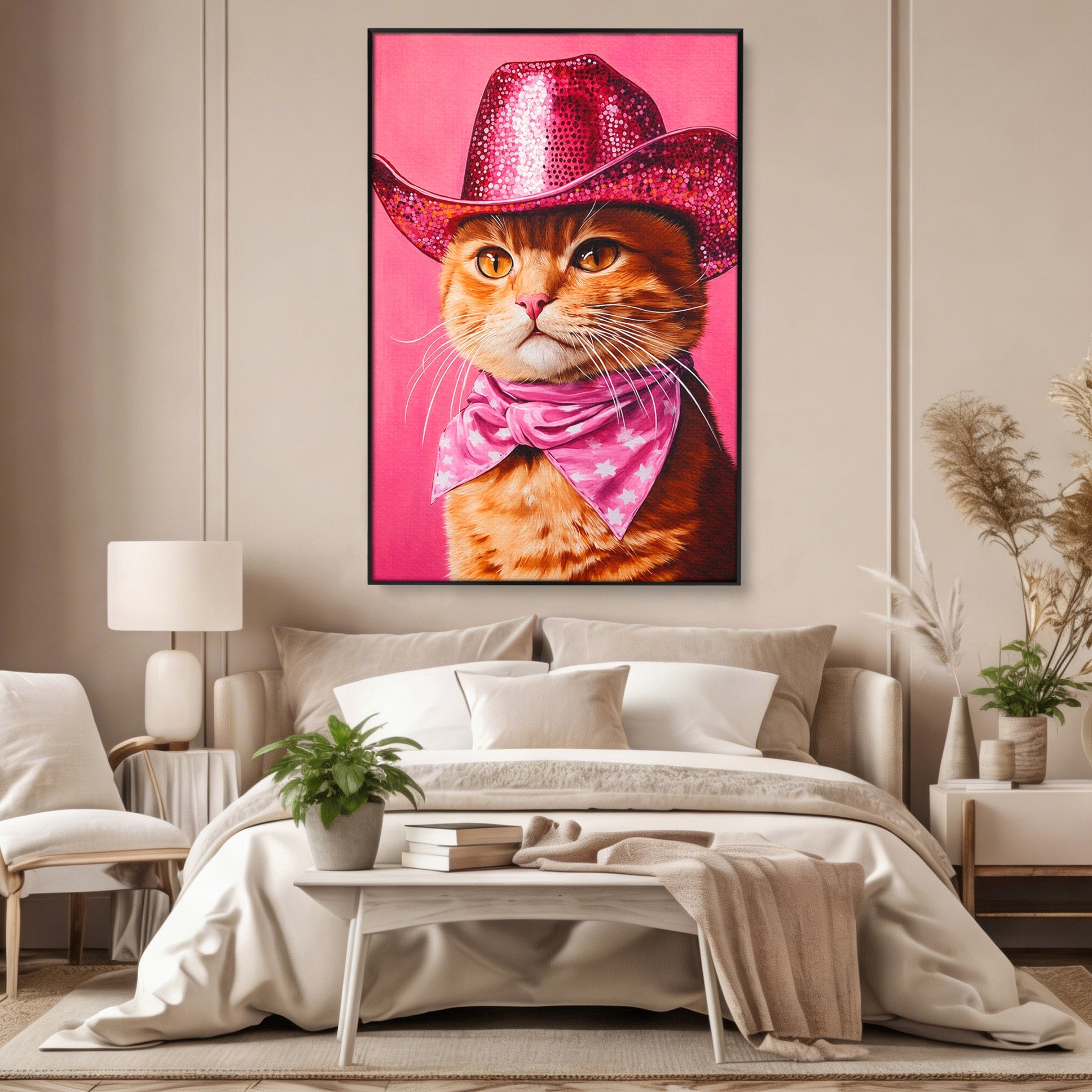 Tablou Canvas Premium LuxCanva® M1657, Pisica Cu Palarie Roz, Pisica, Palarie, Roz, Portret, Living, Culori Vibrante