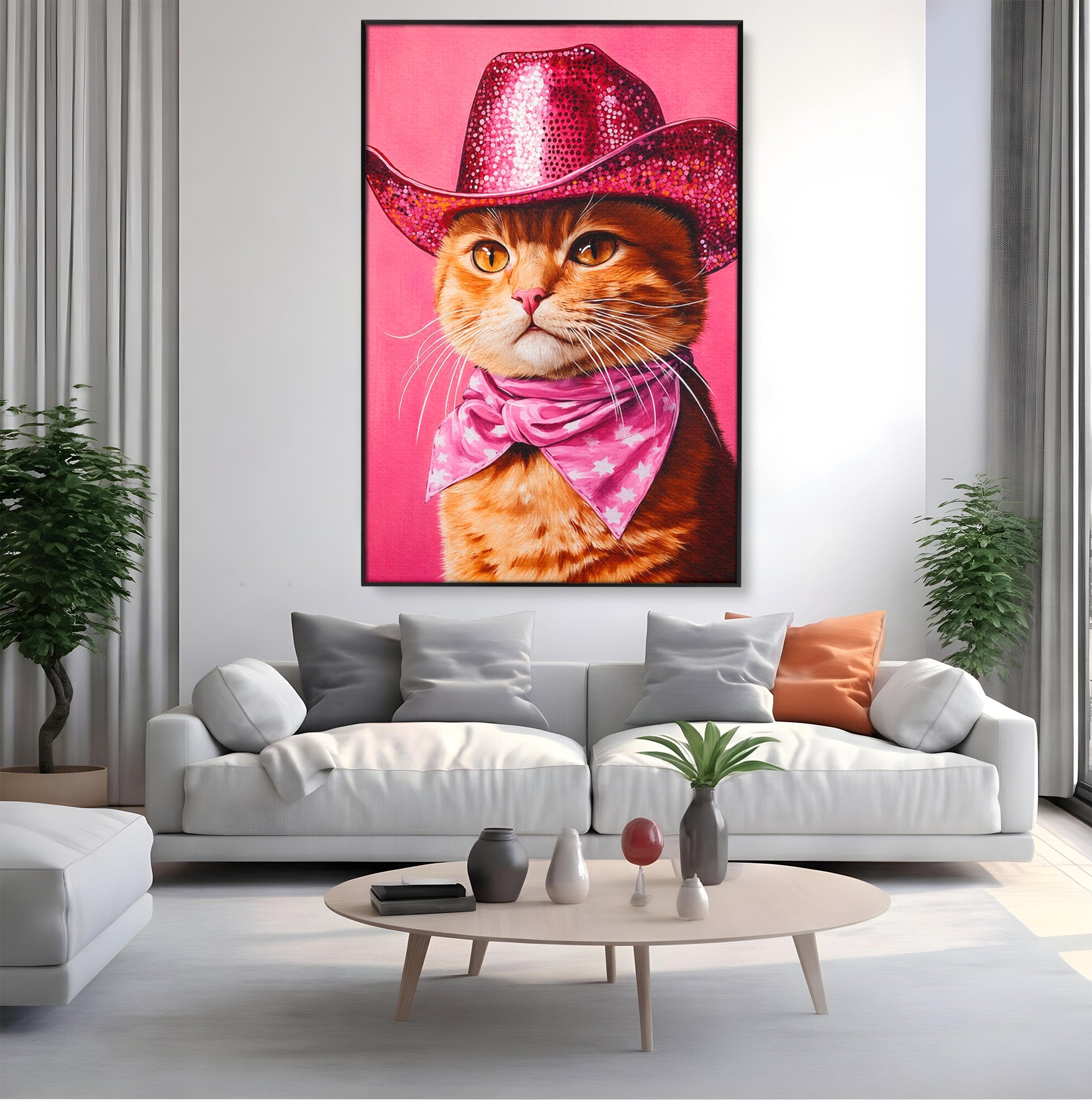 Tablou Canvas Premium LuxCanva® M1657, Pisica Cu Palarie Roz, Pisica, Palarie, Roz, Portret, Living, Culori Vibrante