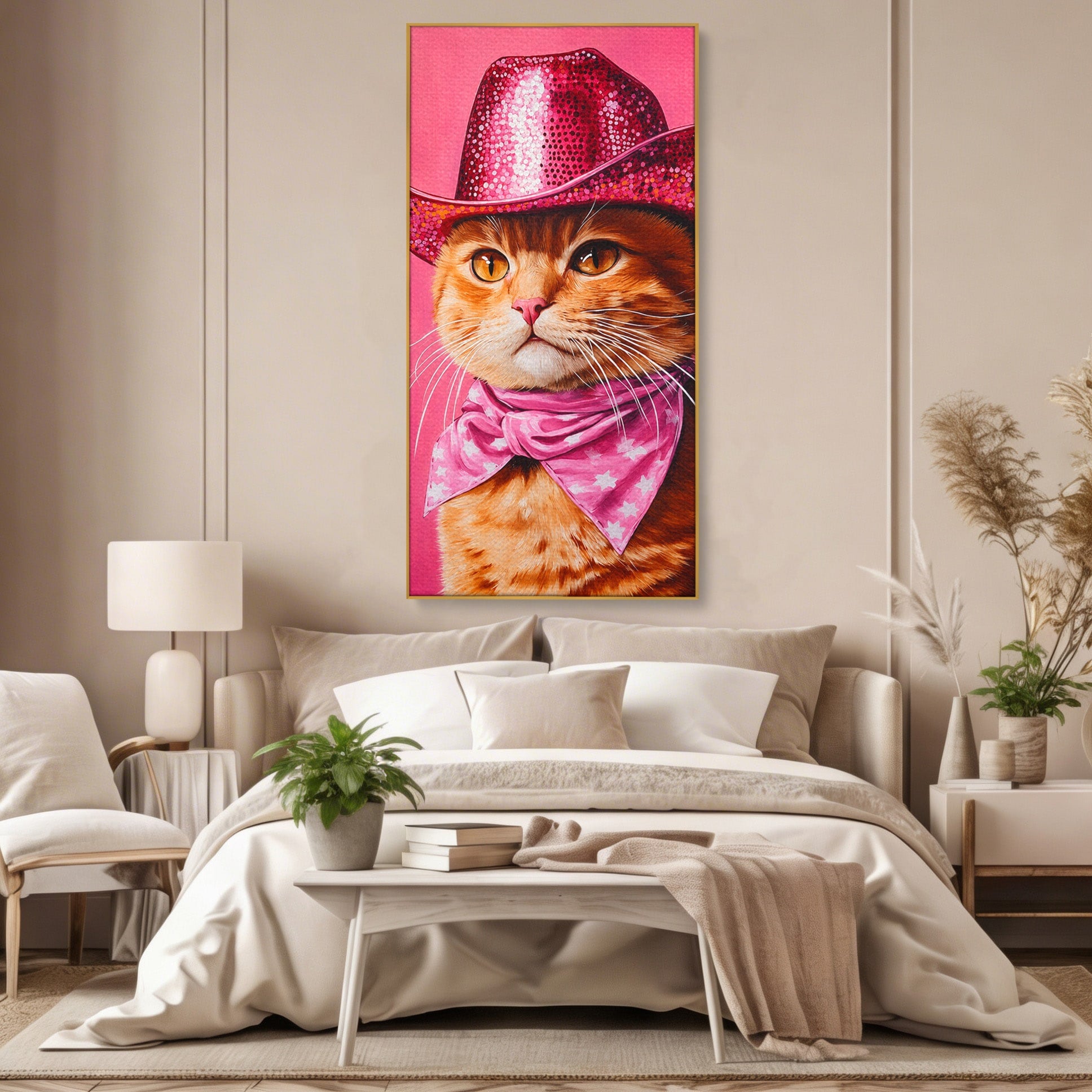 Tablou Canvas Premium LuxCanva® M1657, Pisica Cu Palarie Roz, Pisica, Palarie, Roz, Portret, Living, Culori Vibrante