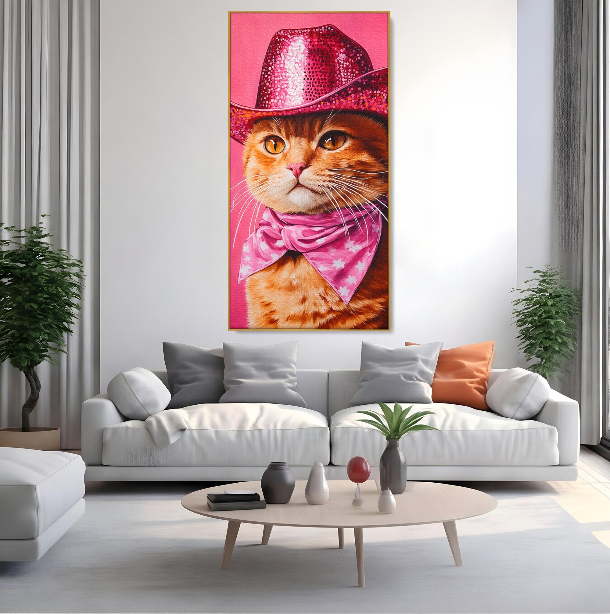 Tablou Canvas Premium LuxCanva® M1657, Pisica Cu Palarie Roz, Pisica, Palarie, Roz, Portret, Living, Culori Vibrante