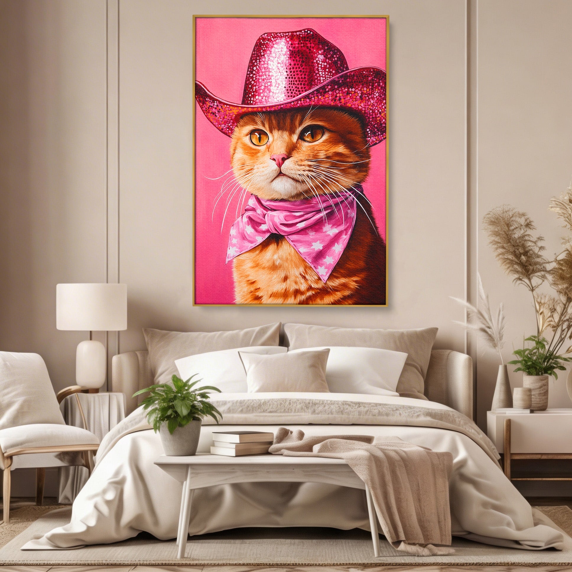 Tablou Canvas Premium LuxCanva® M1657, Pisica Cu Palarie Roz, Pisica, Palarie, Roz, Portret, Living, Culori Vibrante