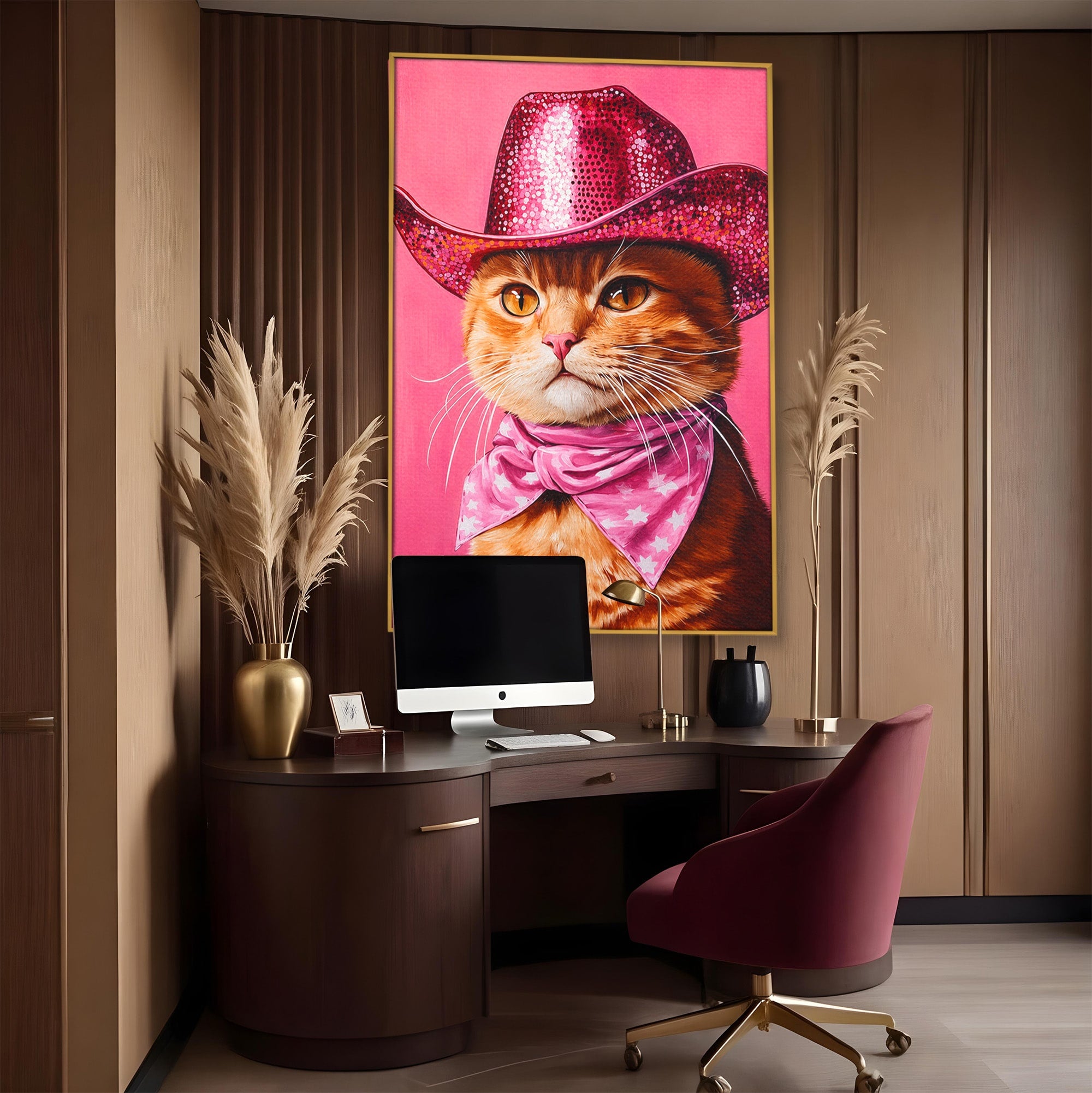 Tablou Canvas Premium LuxCanva® M1657, Pisica Cu Palarie Roz, Pisica, Palarie, Roz, Portret, Living, Culori Vibrante