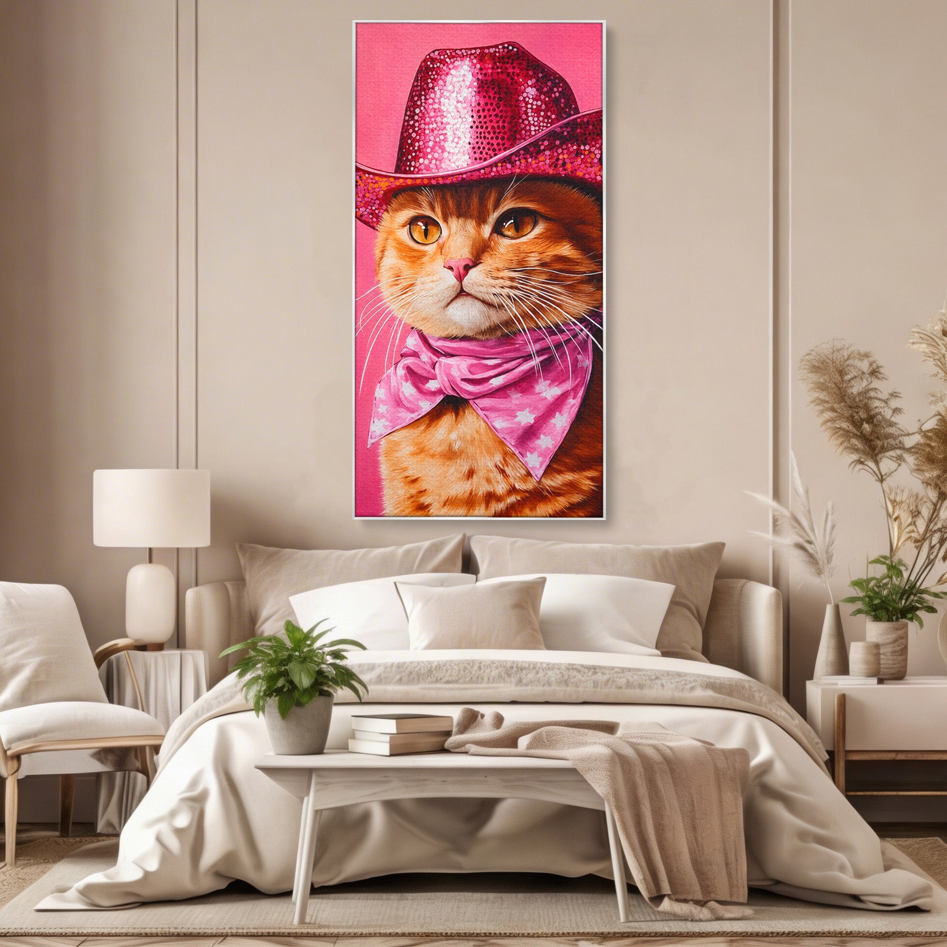Tablou Canvas Premium LuxCanva® M1657, Pisica Cu Palarie Roz, Pisica, Palarie, Roz, Portret, Living, Culori Vibrante