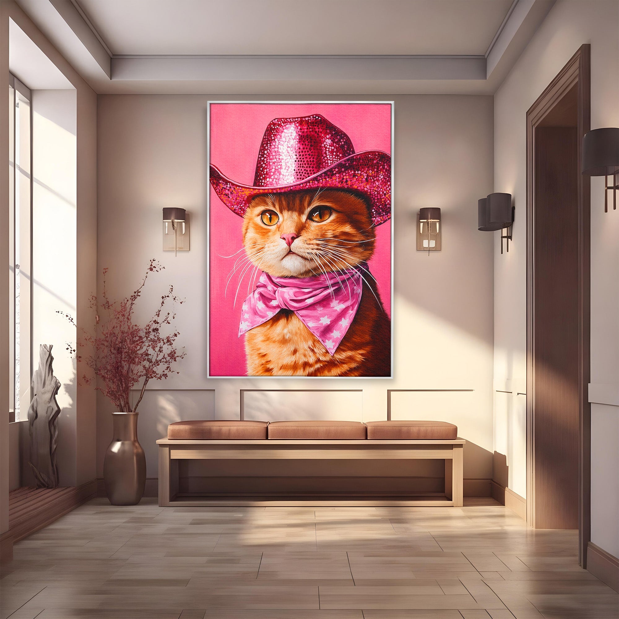 Tablou Canvas Premium LuxCanva® M1657, Pisica Cu Palarie Roz, Pisica, Palarie, Roz, Portret, Living, Culori Vibrante