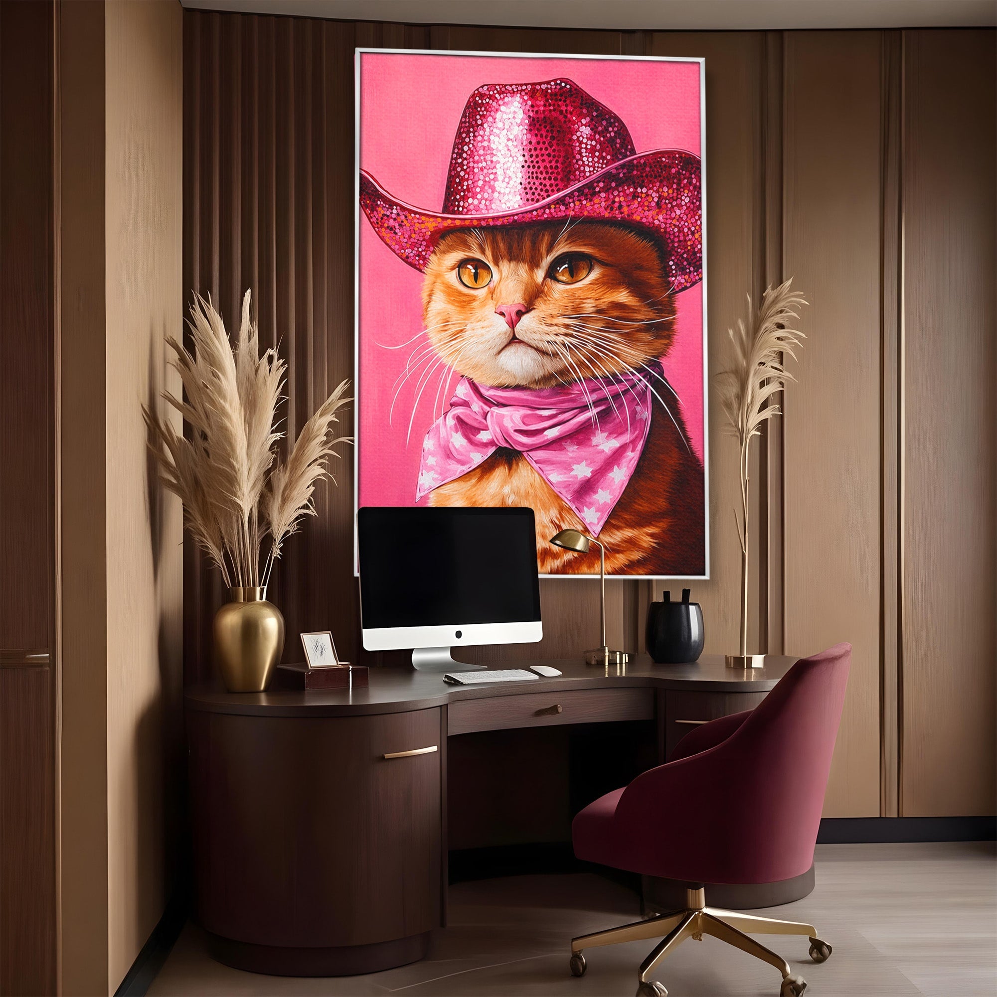 Tablou Canvas Premium LuxCanva® M1657, Pisica Cu Palarie Roz, Pisica, Palarie, Roz, Portret, Living, Culori Vibrante