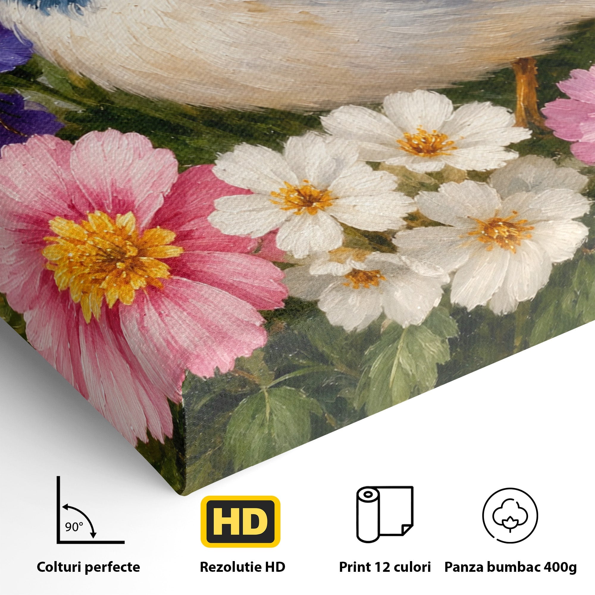 Tablou Canvas Premium LuxCanva® M1658, Pasare Printre Flori, Pasare, Flori, Natura, Primavara, Living, Dormitor, Culori Vibrante
