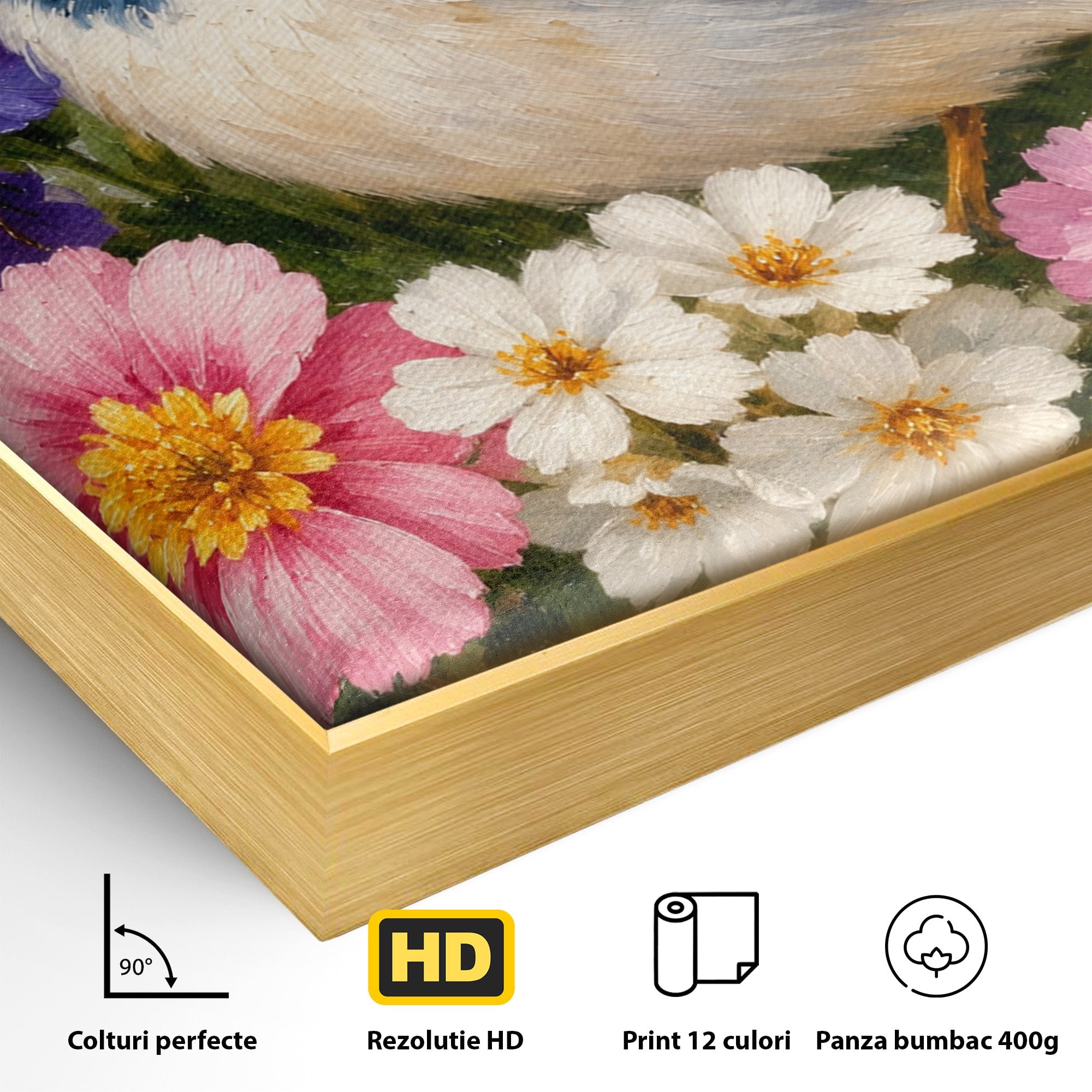 Tablou Canvas Premium LuxCanva® M1658, Pasare Printre Flori, Pasare, Flori, Natura, Primavara, Living, Dormitor, Culori Vibrante