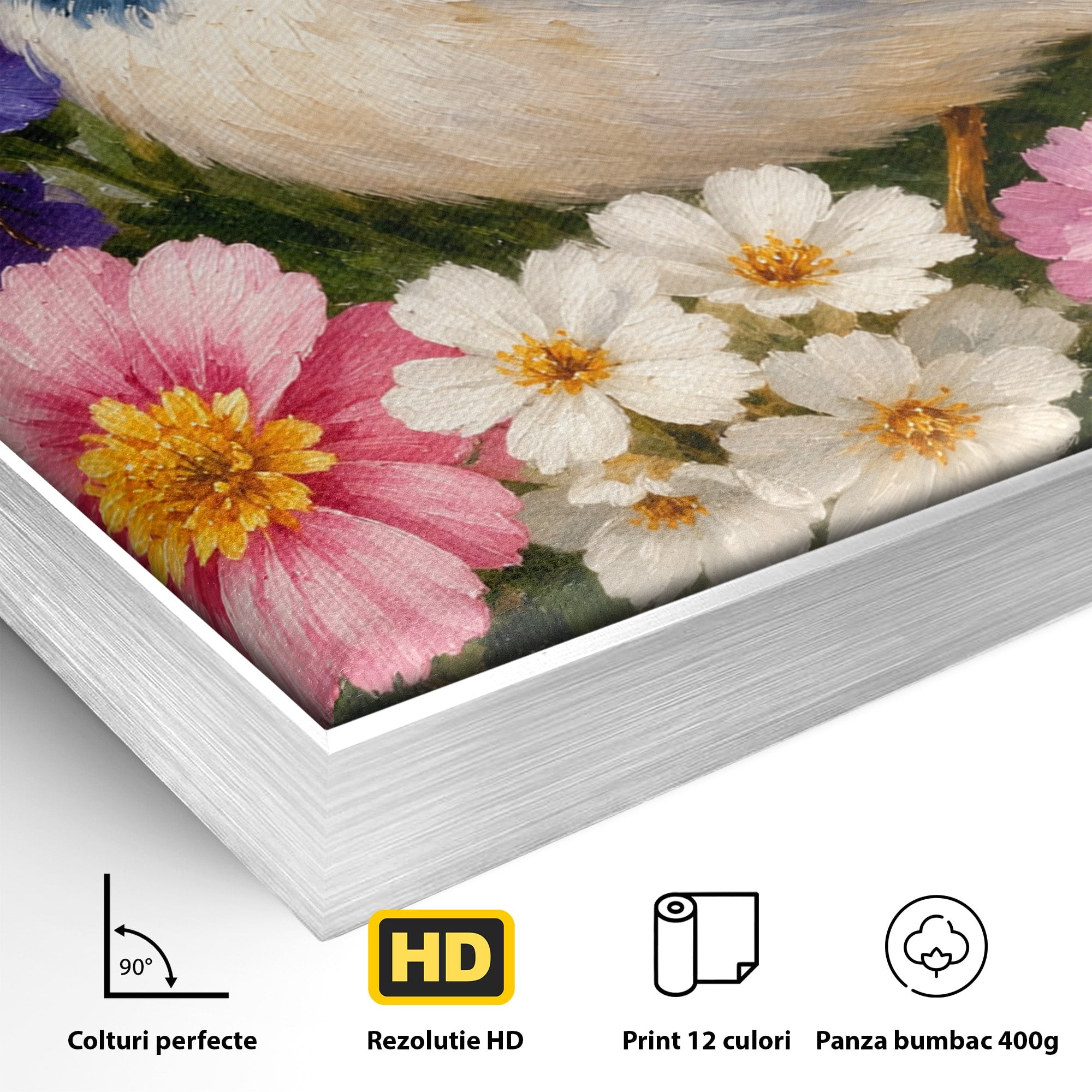 Tablou Canvas Premium LuxCanva® M1658, Pasare Printre Flori, Pasare, Flori, Natura, Primavara, Living, Dormitor, Culori Vibrante