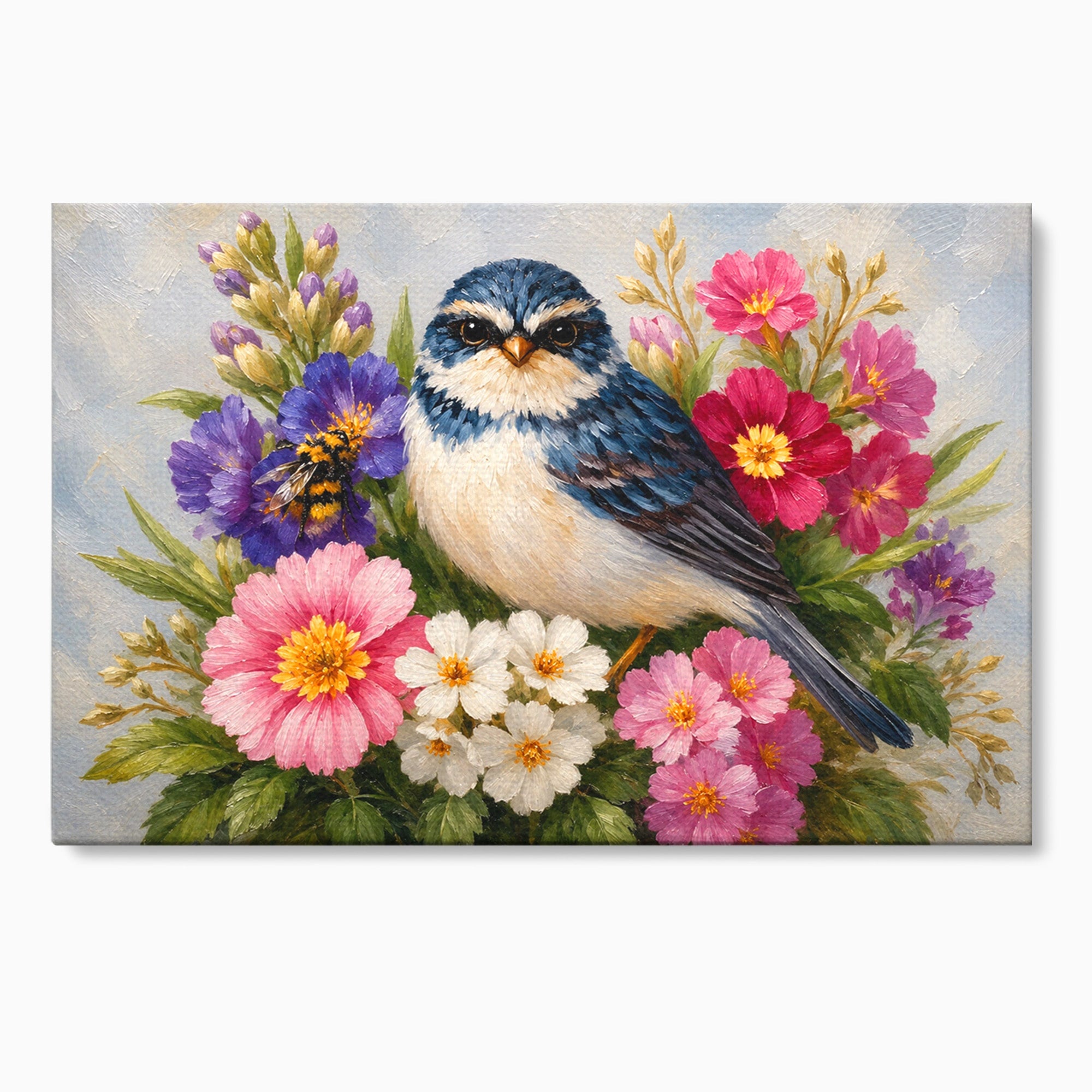 Tablou Canvas Premium LuxCanva® M1658, Pasare Printre Flori, Pasare, Flori, Natura, Primavara, Living, Dormitor, Culori Vibrante