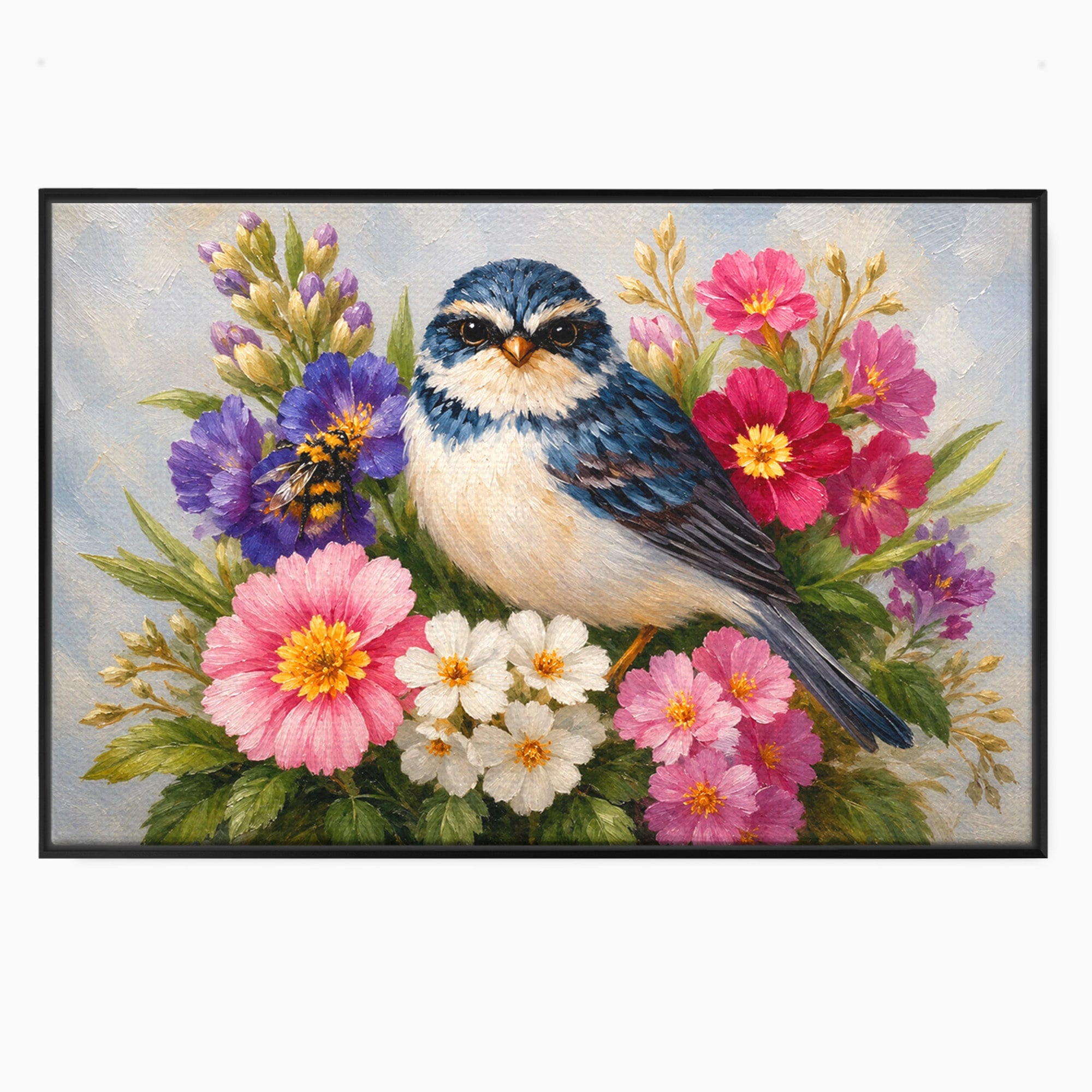 Tablou Canvas Premium LuxCanva® M1658, Pasare Printre Flori, Pasare, Flori, Natura, Primavara, Living, Dormitor, Culori Vibrante