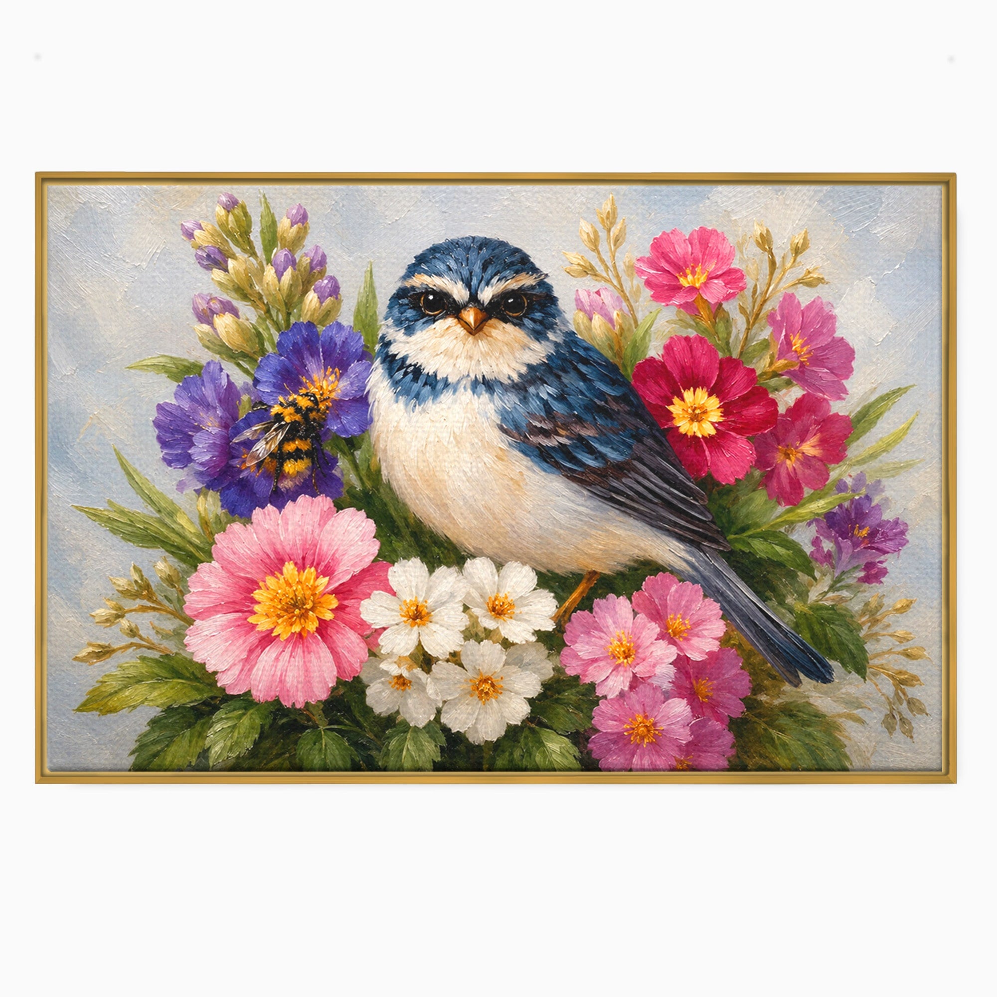 Tablou Canvas Premium LuxCanva® M1658, Pasare Printre Flori, Pasare, Flori, Natura, Primavara, Living, Dormitor, Culori Vibrante