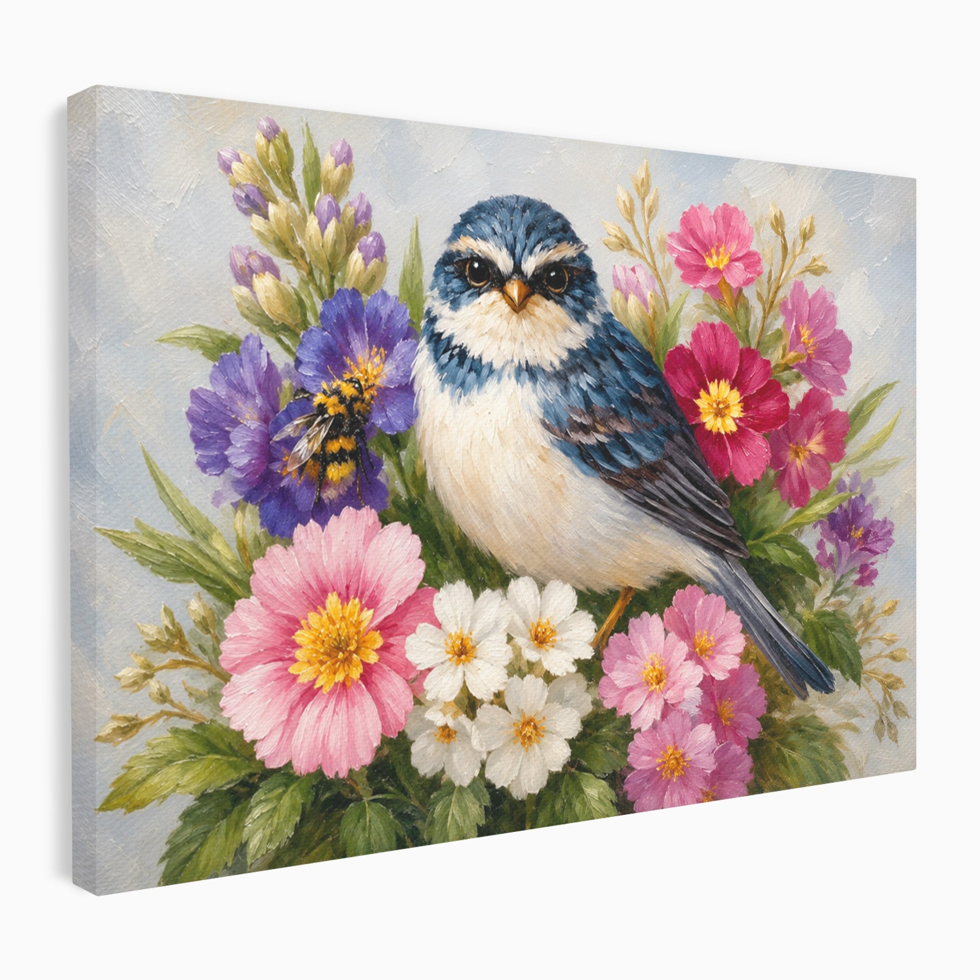 Tablou Canvas Premium LuxCanva® M1658, Pasare Printre Flori, Pasare, Flori, Natura, Primavara, Living, Dormitor, Culori Vibrante