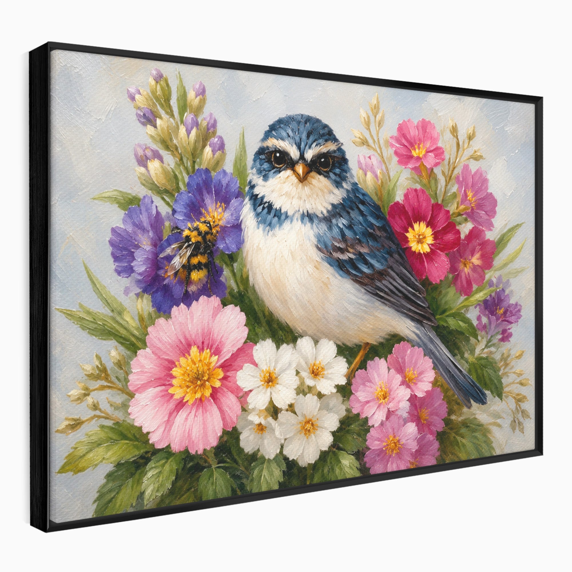 Tablou Canvas Premium LuxCanva® M1658, Pasare Printre Flori, Pasare, Flori, Natura, Primavara, Living, Dormitor, Culori Vibrante