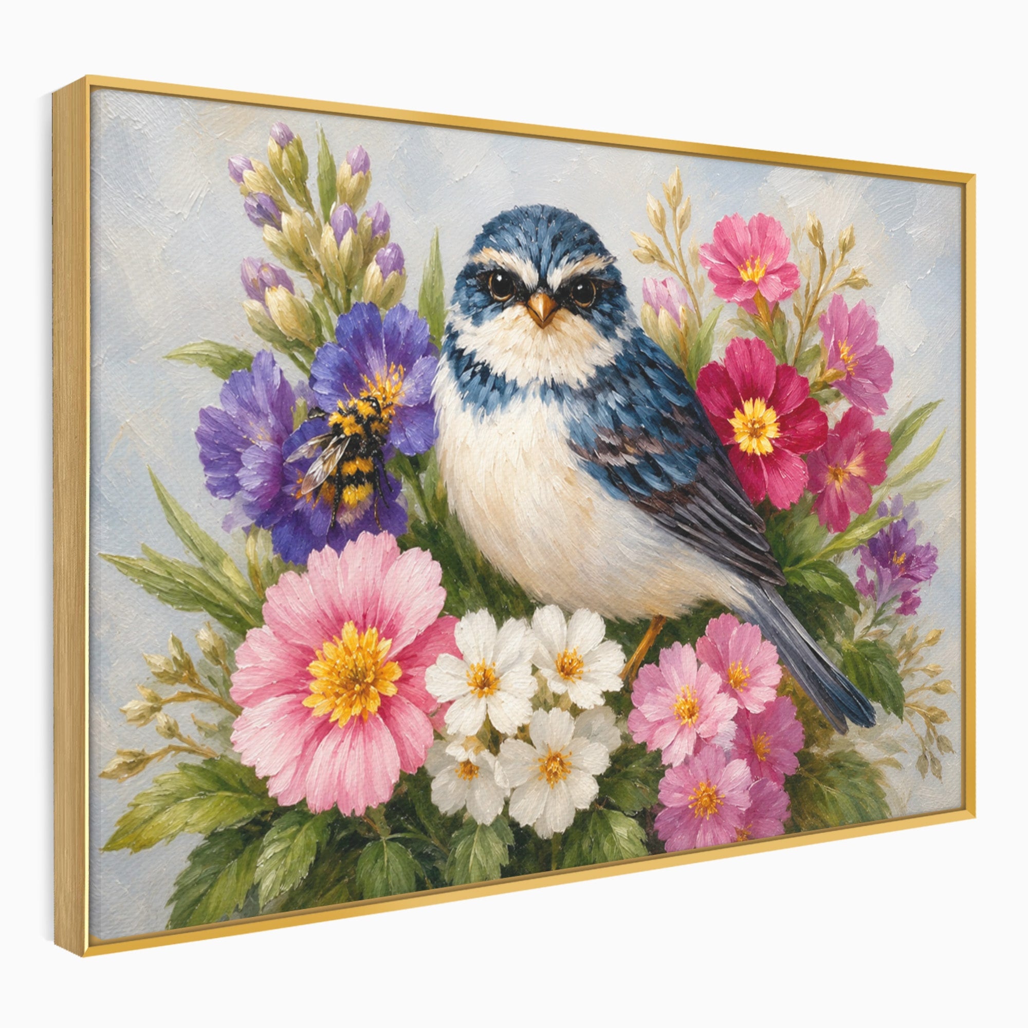 Tablou Canvas Premium LuxCanva® M1658, Pasare Printre Flori, Pasare, Flori, Natura, Primavara, Living, Dormitor, Culori Vibrante