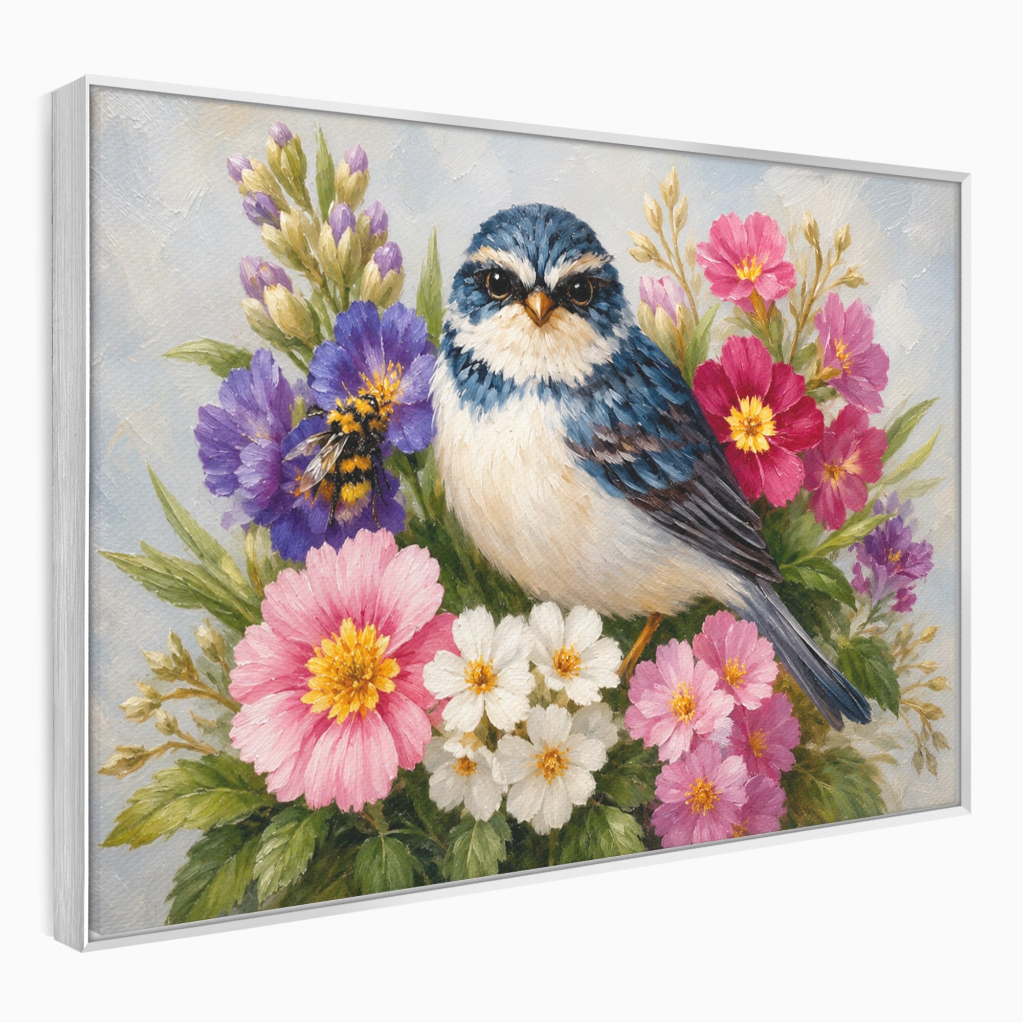 Tablou Canvas Premium LuxCanva® M1658, Pasare Printre Flori, Pasare, Flori, Natura, Primavara, Living, Dormitor, Culori Vibrante