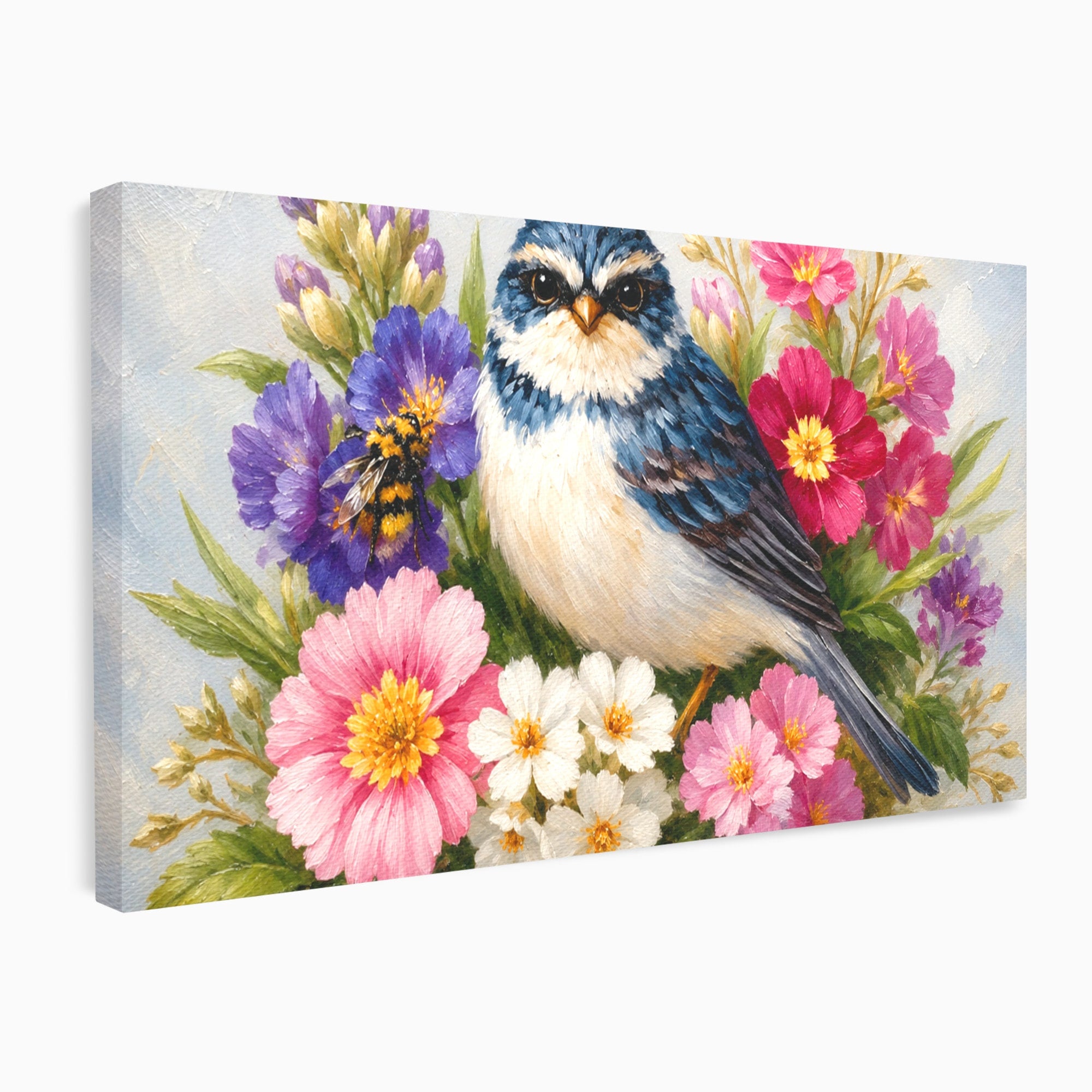 Tablou Canvas Premium LuxCanva® M1658, Pasare Printre Flori, Pasare, Flori, Natura, Primavara, Living, Dormitor, Culori Vibrante
