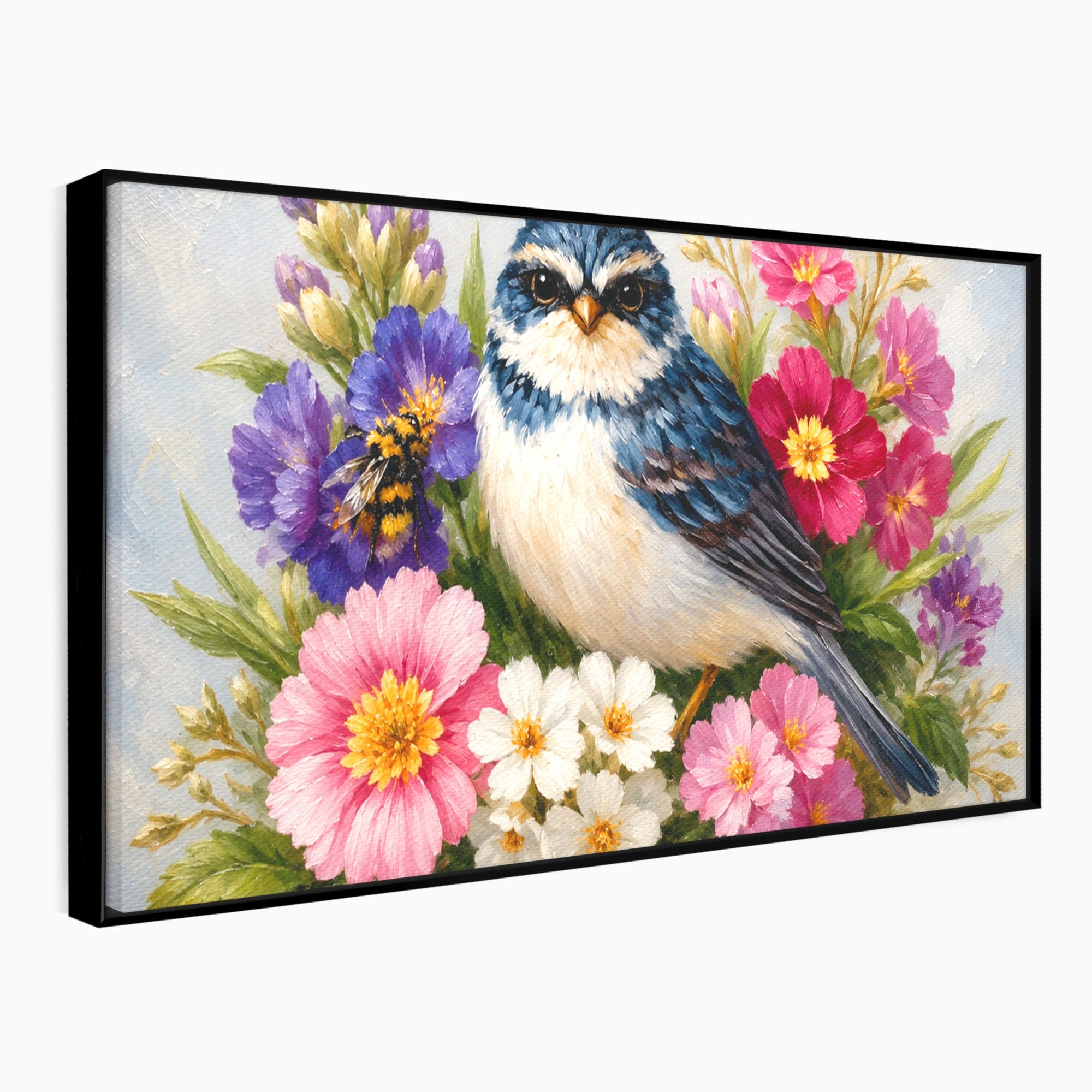 Tablou Canvas Premium LuxCanva® M1658, Pasare Printre Flori, Pasare, Flori, Natura, Primavara, Living, Dormitor, Culori Vibrante