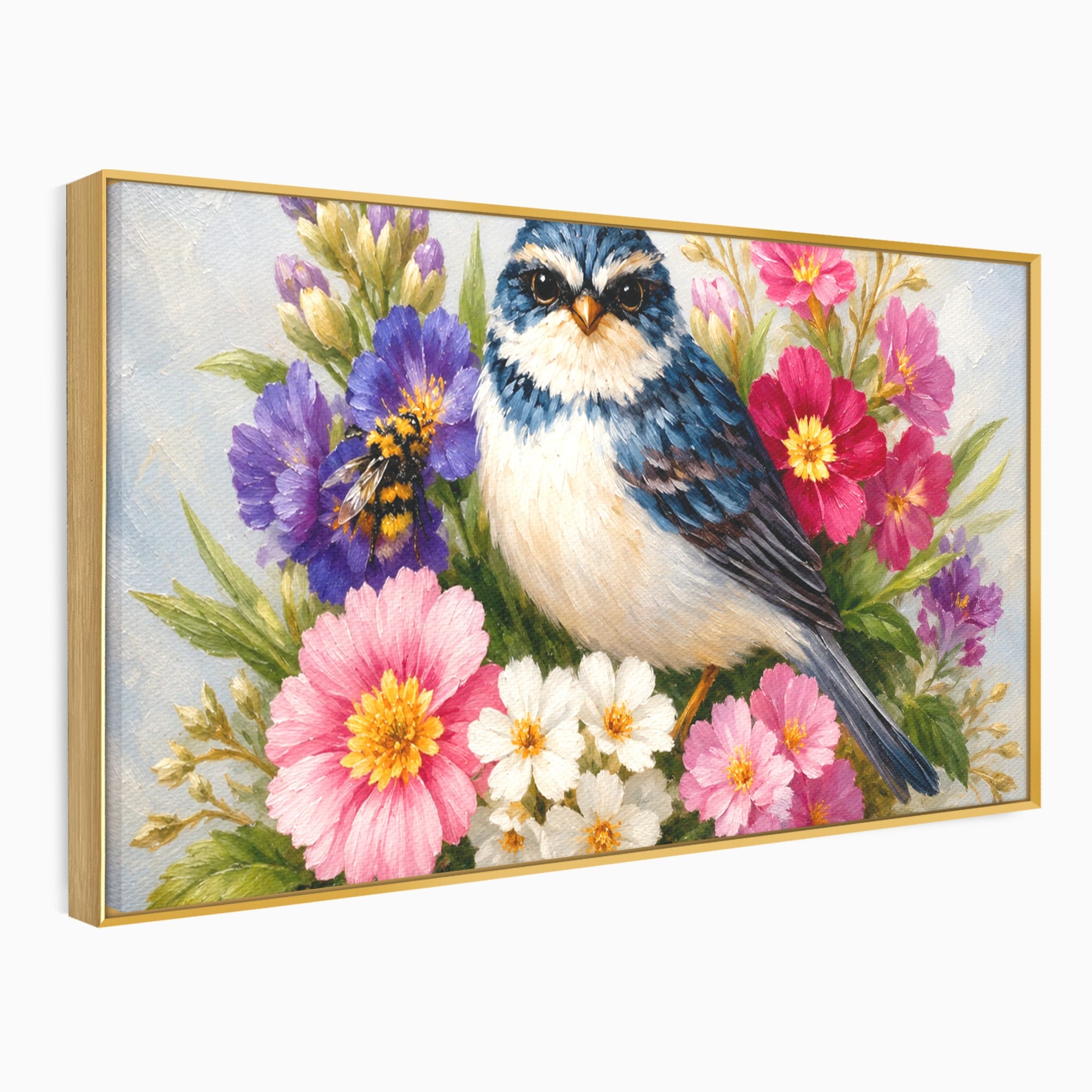 Tablou Canvas Premium LuxCanva® M1658, Pasare Printre Flori, Pasare, Flori, Natura, Primavara, Living, Dormitor, Culori Vibrante