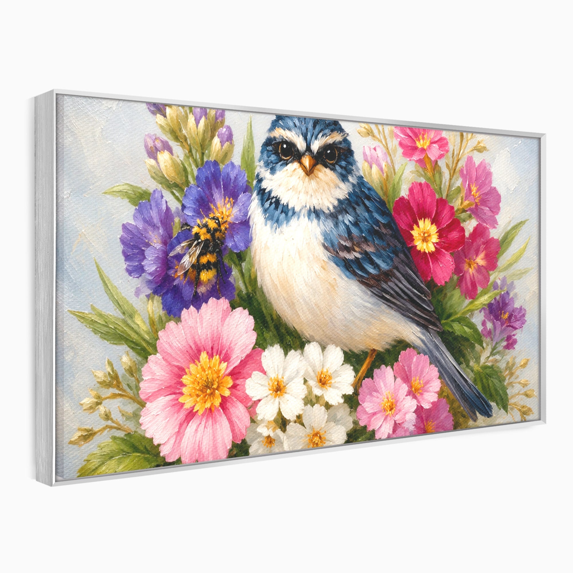 Tablou Canvas Premium LuxCanva® M1658, Pasare Printre Flori, Pasare, Flori, Natura, Primavara, Living, Dormitor, Culori Vibrante