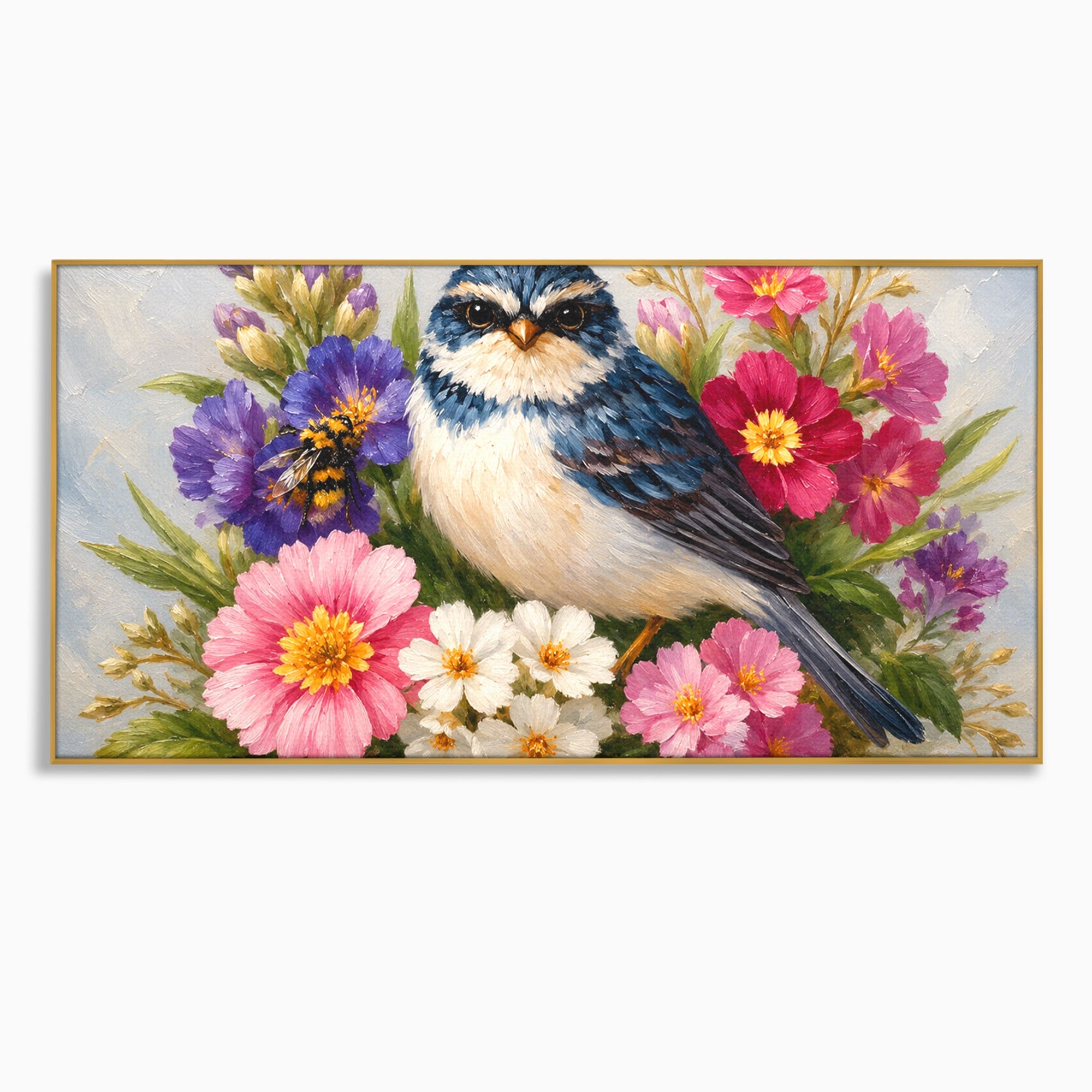 Tablou Canvas Premium LuxCanva® M1658, Pasare Printre Flori, Pasare, Flori, Natura, Primavara, Living, Dormitor, Culori Vibrante