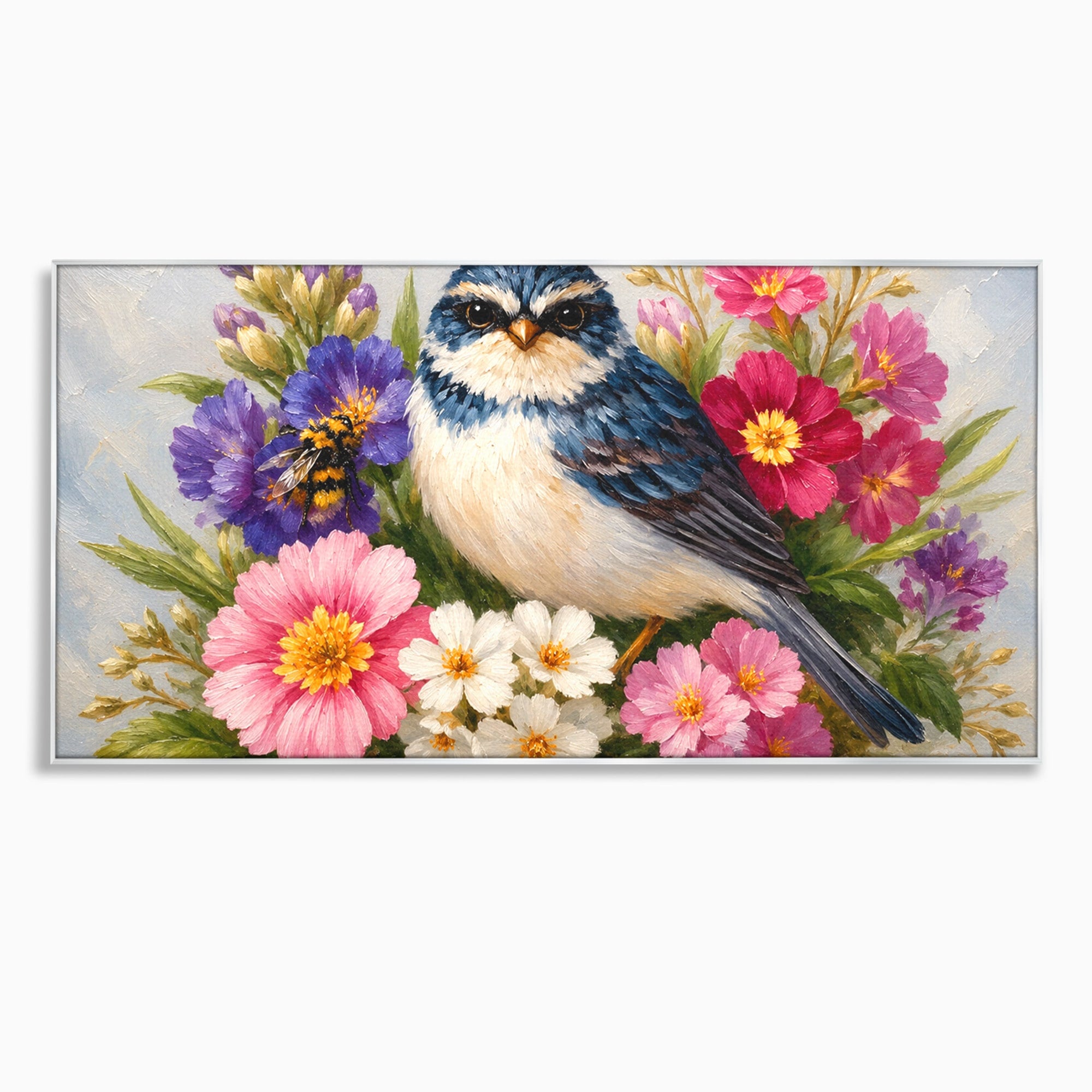 Tablou Canvas Premium LuxCanva® M1658, Pasare Printre Flori, Pasare, Flori, Natura, Primavara, Living, Dormitor, Culori Vibrante
