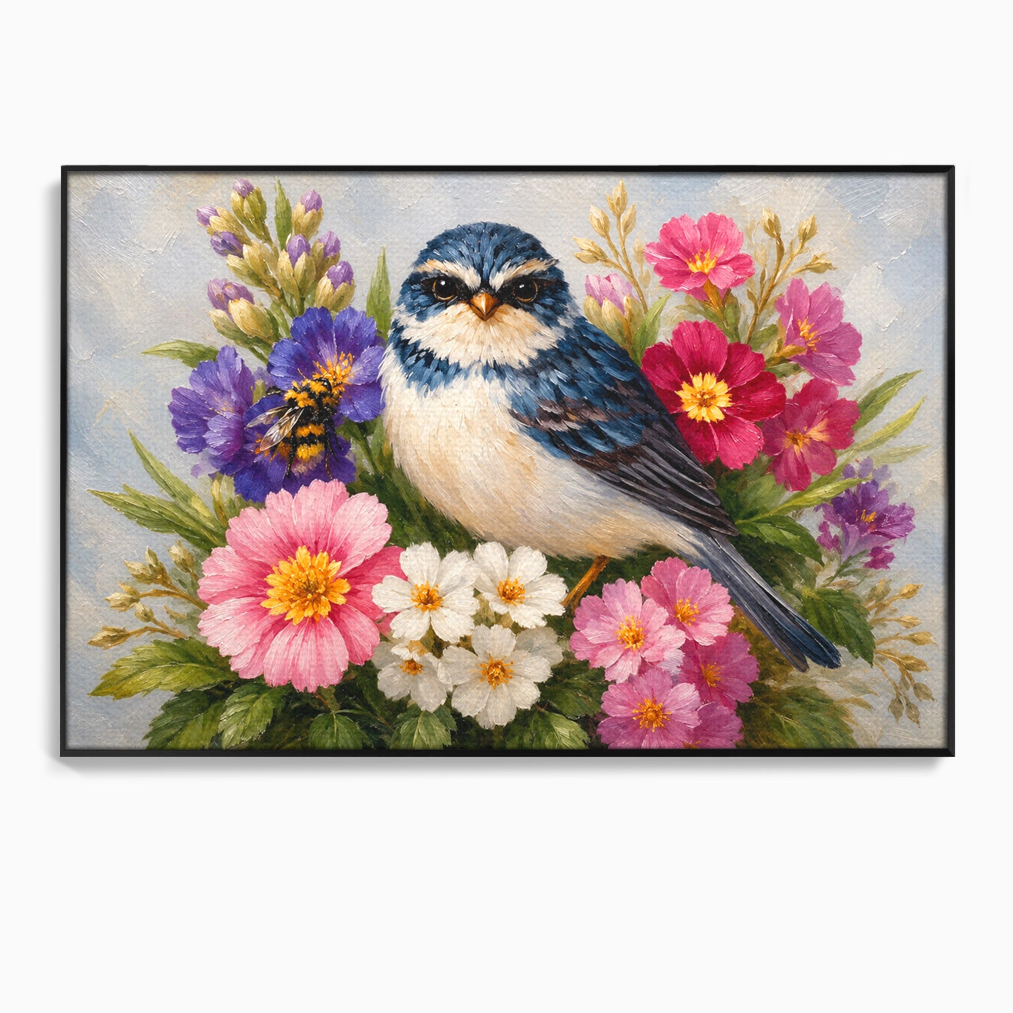 Tablou Canvas Premium LuxCanva® M1658, Pasare Printre Flori, Pasare, Flori, Natura, Primavara, Living, Dormitor, Culori Vibrante