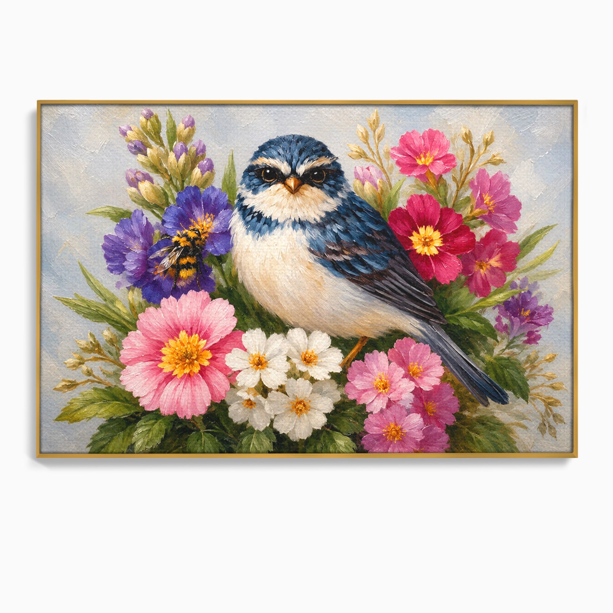Tablou Canvas Premium LuxCanva® M1658, Pasare Printre Flori, Pasare, Flori, Natura, Primavara, Living, Dormitor, Culori Vibrante