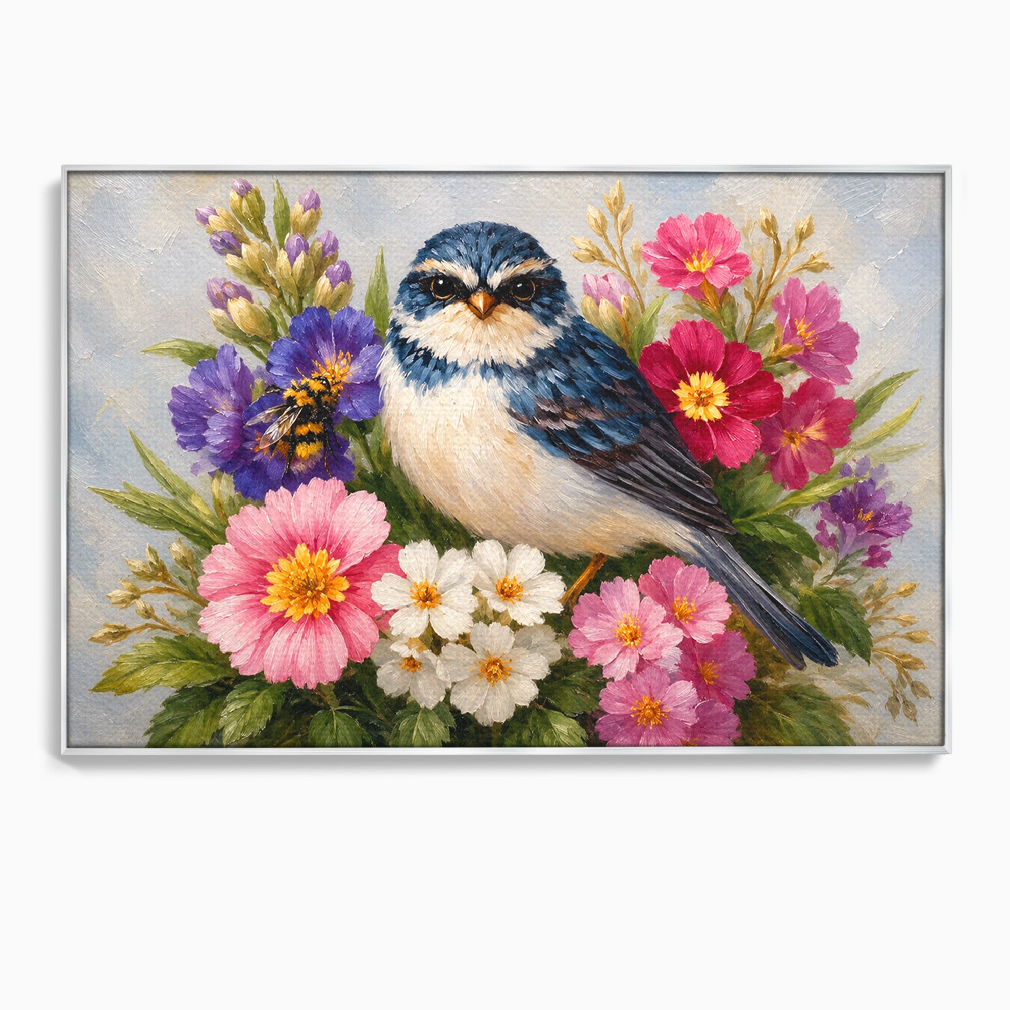 Tablou Canvas Premium LuxCanva® M1658, Pasare Printre Flori, Pasare, Flori, Natura, Primavara, Living, Dormitor, Culori Vibrante