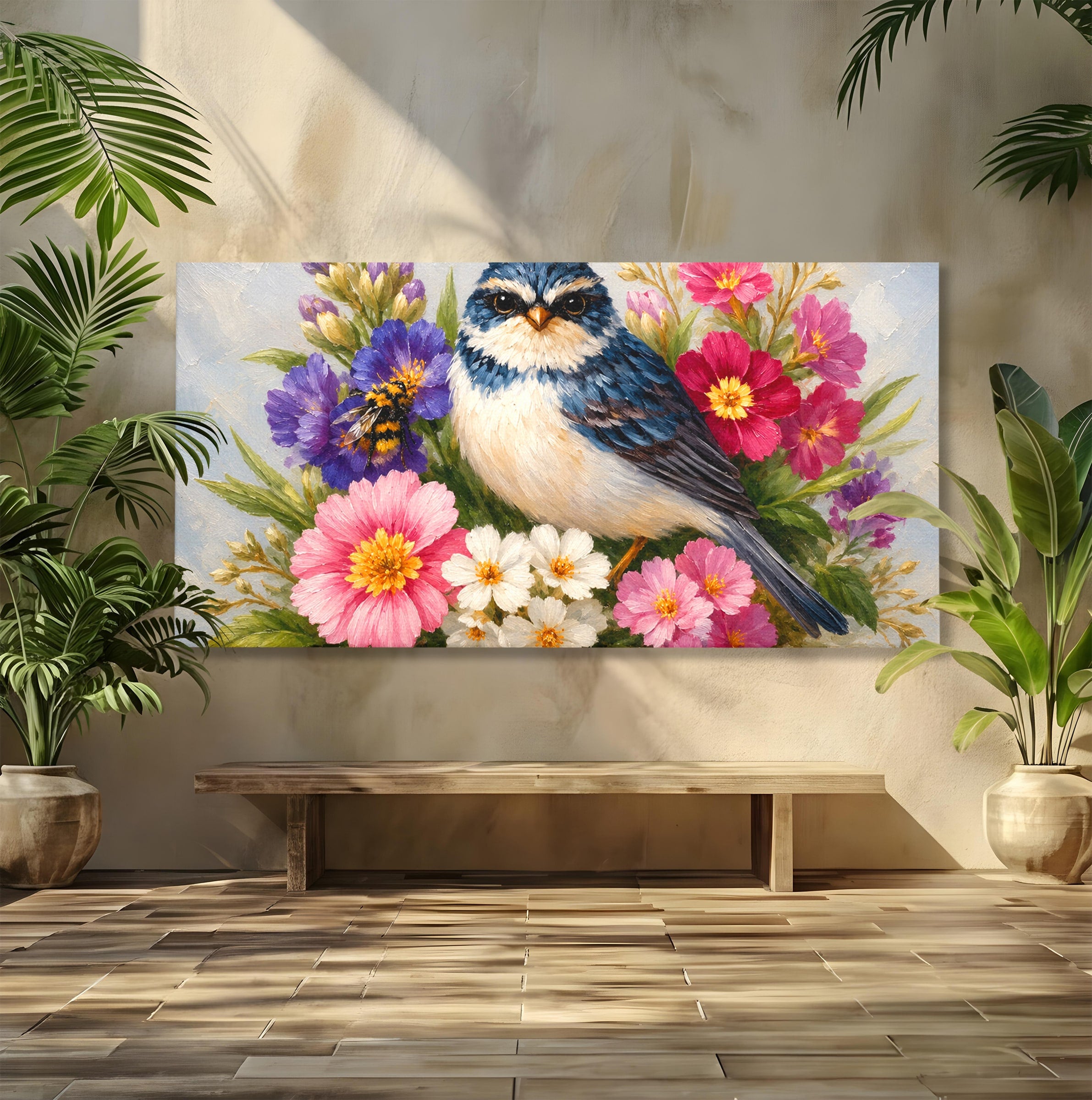 Tablou Canvas Premium LuxCanva® M1658, Pasare Printre Flori, Pasare, Flori, Natura, Primavara, Living, Dormitor, Culori Vibrante