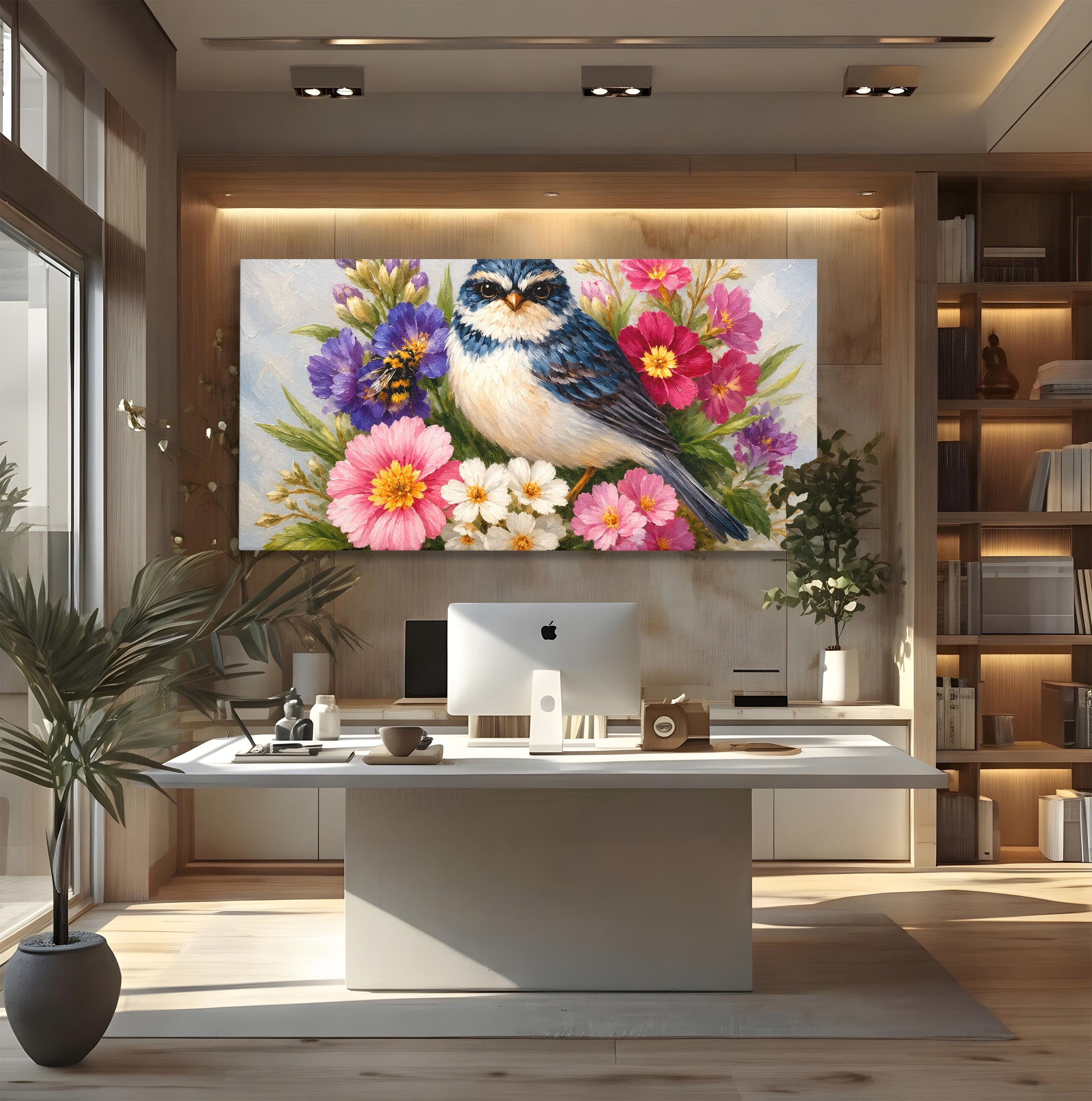 Tablou Canvas Premium LuxCanva® M1658, Pasare Printre Flori, Pasare, Flori, Natura, Primavara, Living, Dormitor, Culori Vibrante