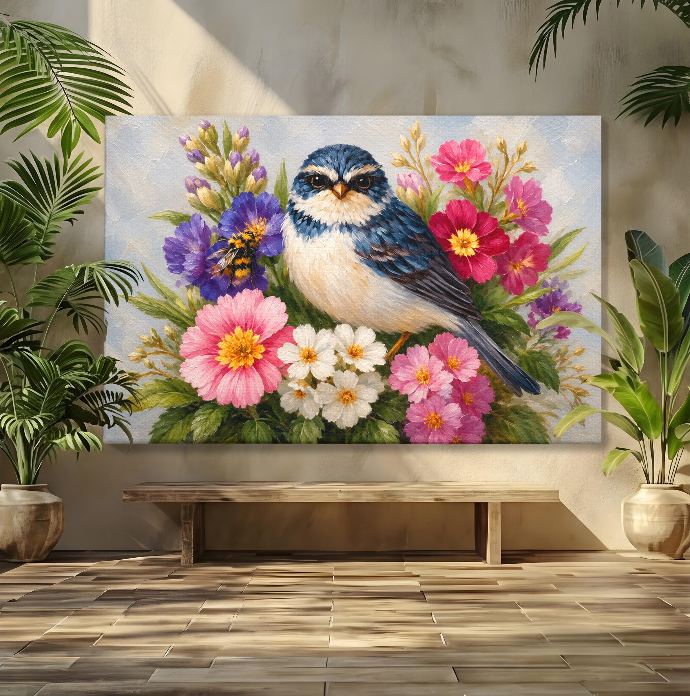 Tablou Canvas Premium LuxCanva® M1658, Pasare Printre Flori, Pasare, Flori, Natura, Primavara, Living, Dormitor, Culori Vibrante