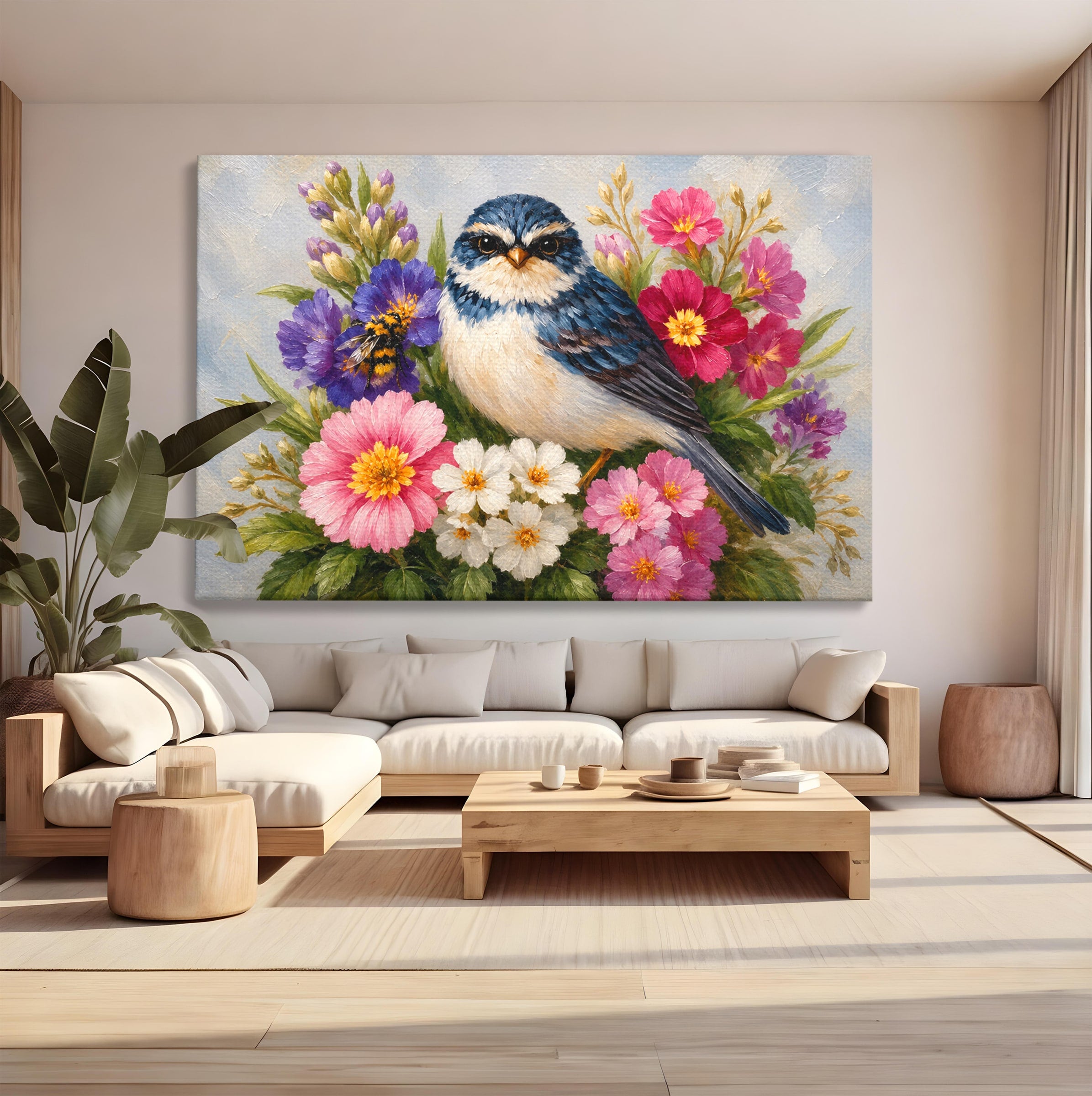Tablou Canvas Premium LuxCanva® M1658, Pasare Printre Flori, Pasare, Flori, Natura, Primavara, Living, Dormitor, Culori Vibrante