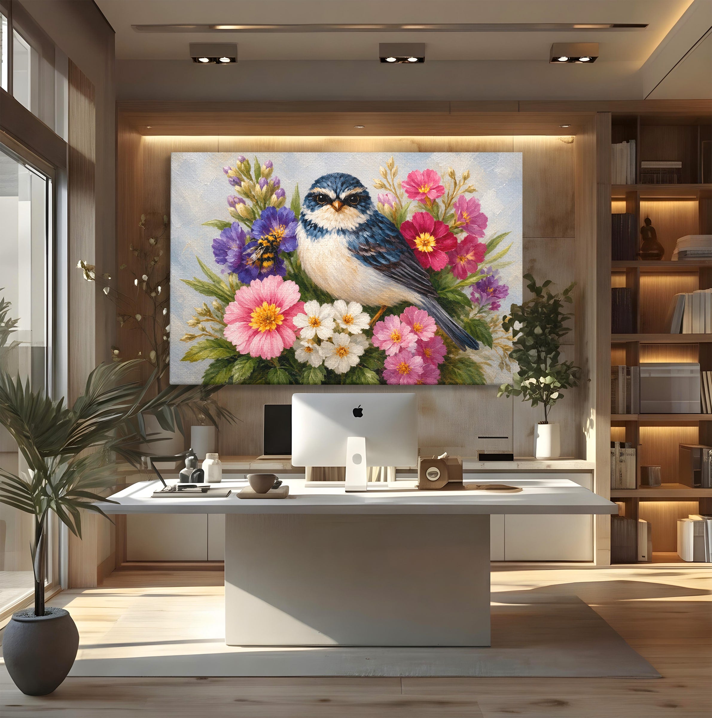Tablou Canvas Premium LuxCanva® M1658, Pasare Printre Flori, Pasare, Flori, Natura, Primavara, Living, Dormitor, Culori Vibrante