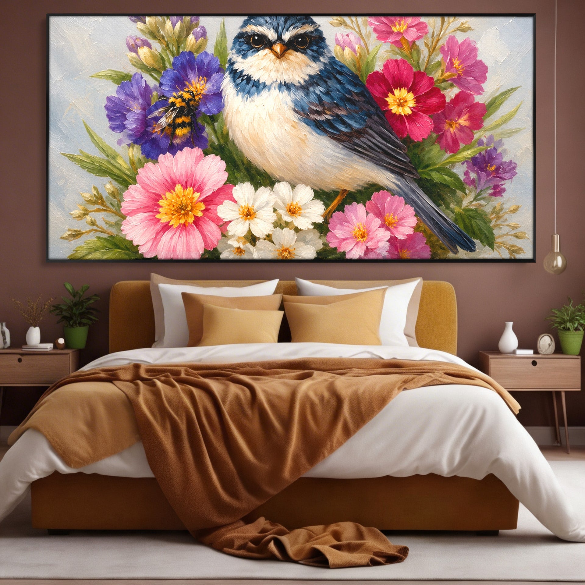 Tablou Canvas Premium LuxCanva® M1658, Pasare Printre Flori, Pasare, Flori, Natura, Primavara, Living, Dormitor, Culori Vibrante