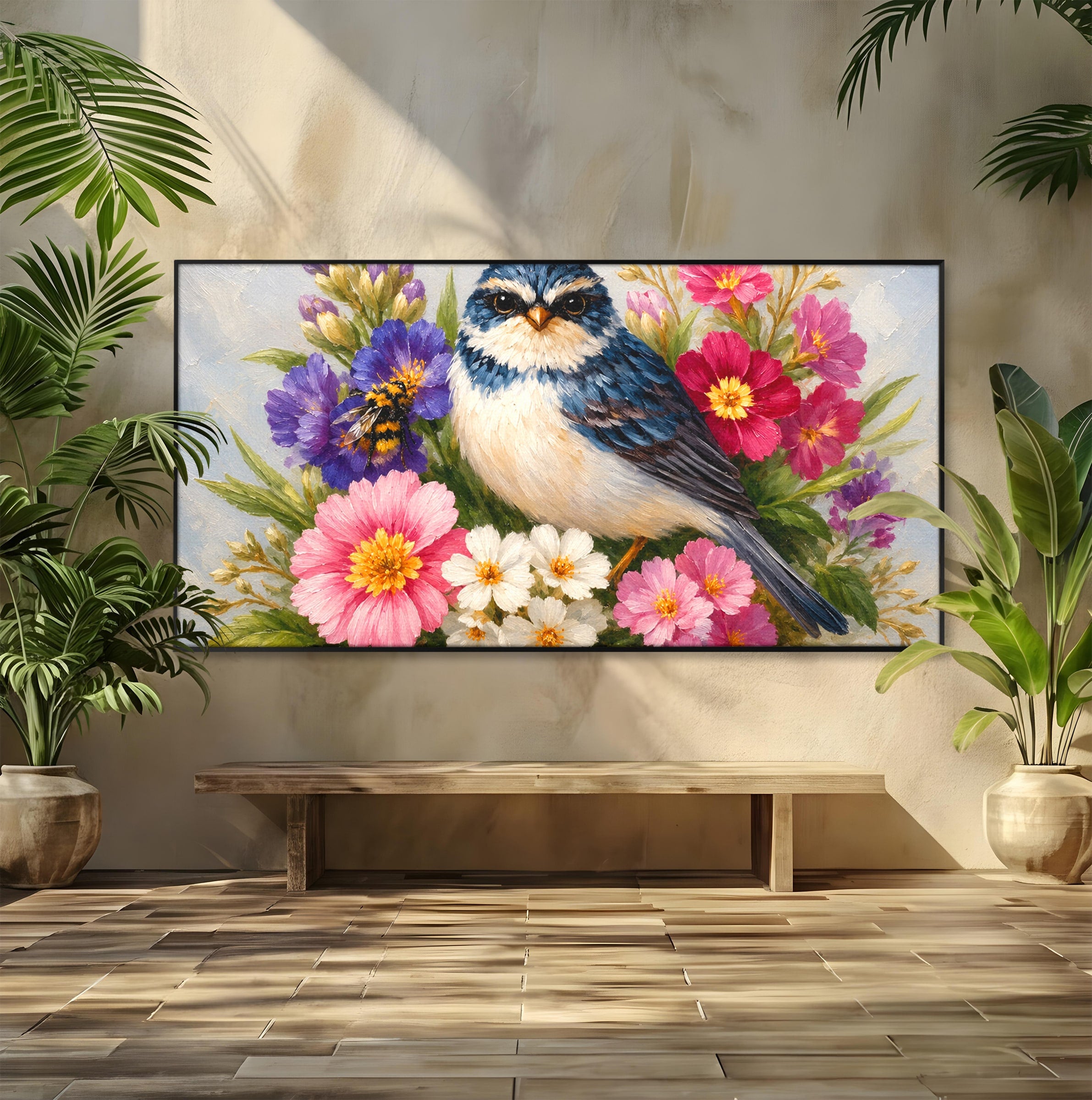Tablou Canvas Premium LuxCanva® M1658, Pasare Printre Flori, Pasare, Flori, Natura, Primavara, Living, Dormitor, Culori Vibrante