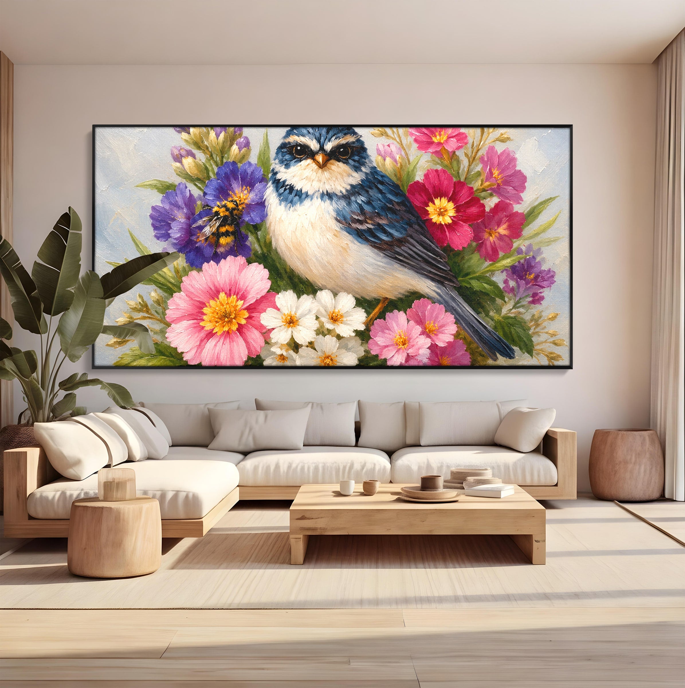 Tablou Canvas Premium LuxCanva® M1658, Pasare Printre Flori, Pasare, Flori, Natura, Primavara, Living, Dormitor, Culori Vibrante