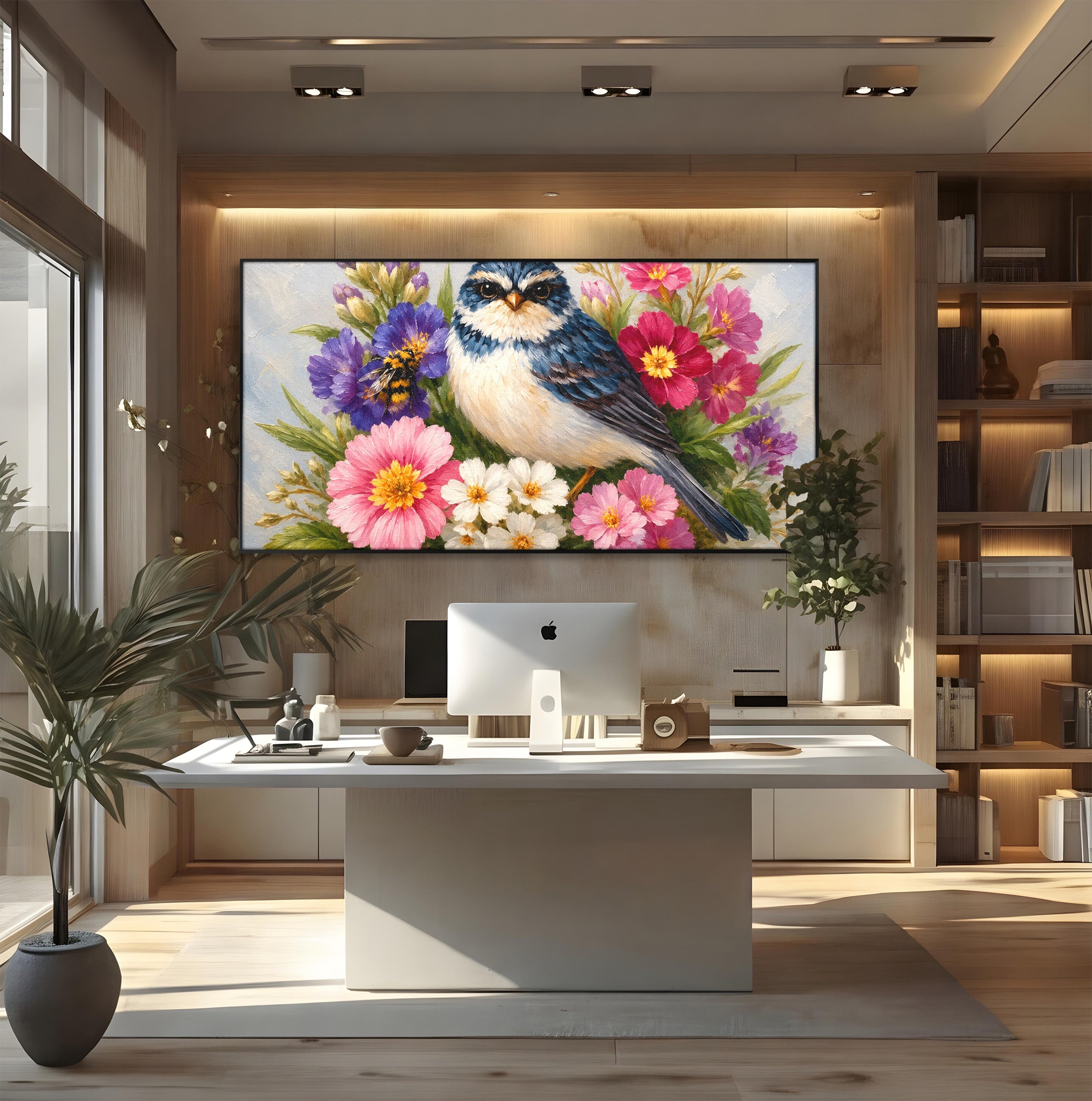Tablou Canvas Premium LuxCanva® M1658, Pasare Printre Flori, Pasare, Flori, Natura, Primavara, Living, Dormitor, Culori Vibrante