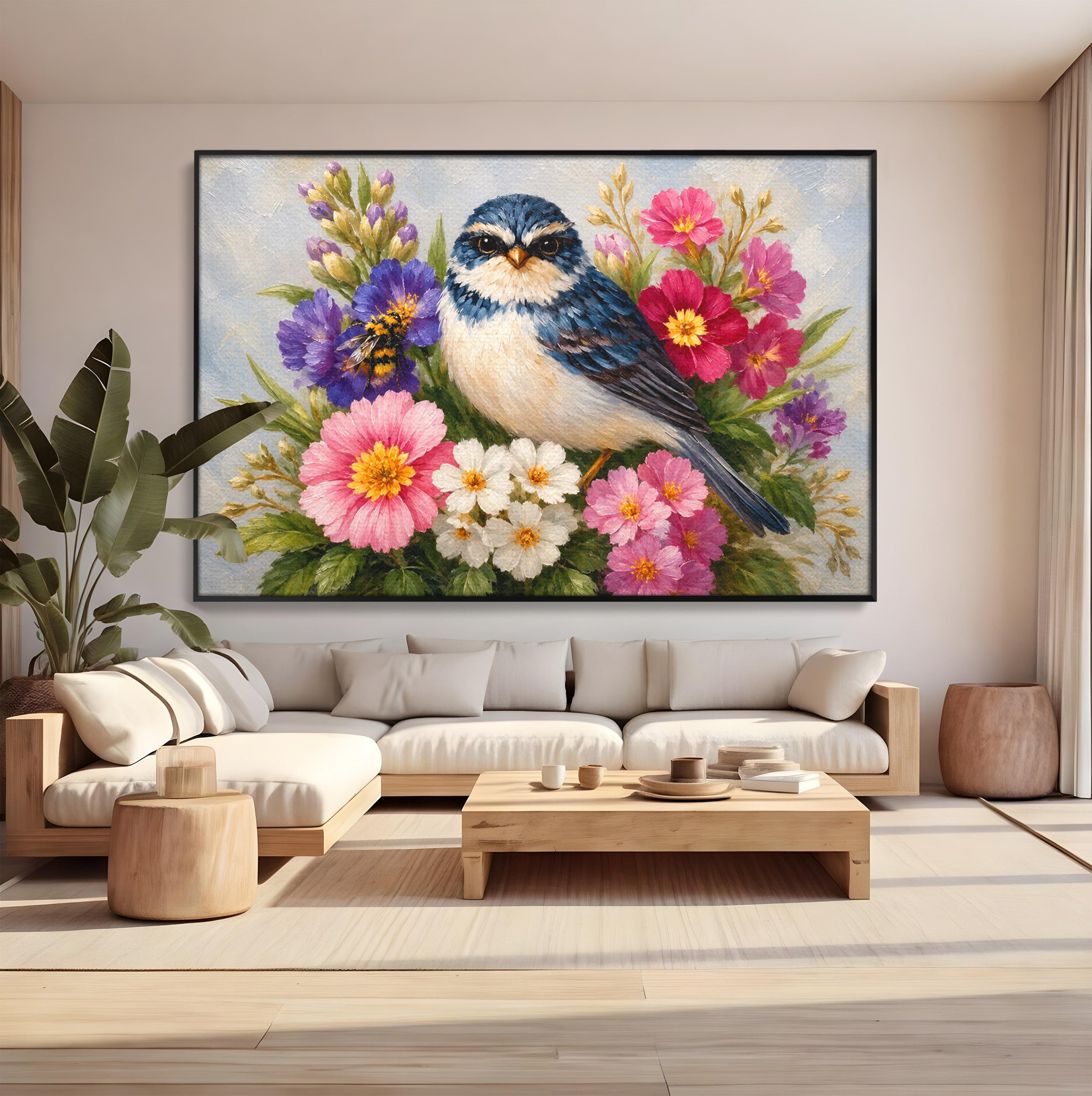 Tablou Canvas Premium LuxCanva® M1658, Pasare Printre Flori, Pasare, Flori, Natura, Primavara, Living, Dormitor, Culori Vibrante