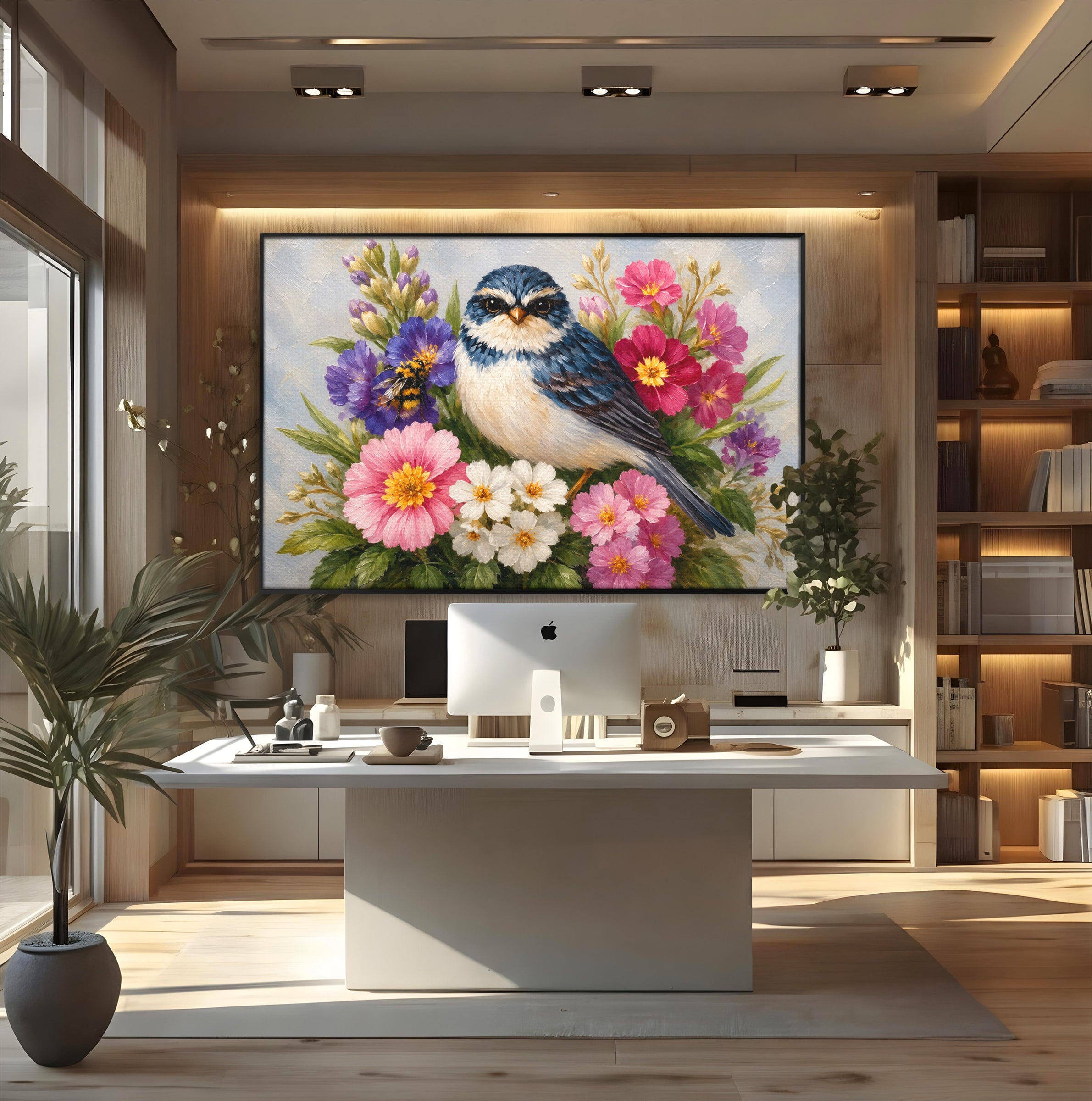 Tablou Canvas Premium LuxCanva® M1658, Pasare Printre Flori, Pasare, Flori, Natura, Primavara, Living, Dormitor, Culori Vibrante