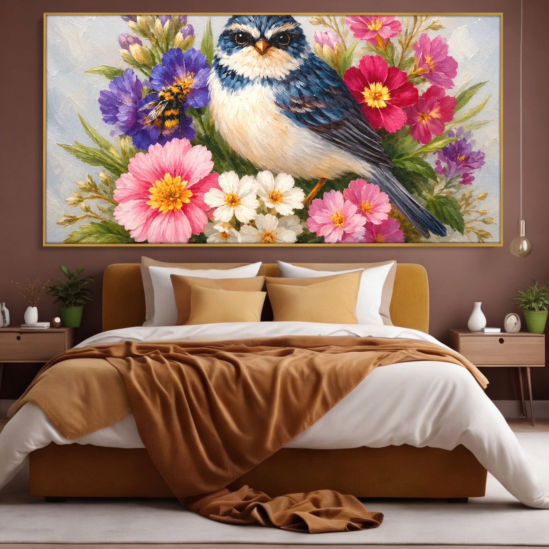 Tablou Canvas Premium LuxCanva® M1658, Pasare Printre Flori, Pasare, Flori, Natura, Primavara, Living, Dormitor, Culori Vibrante