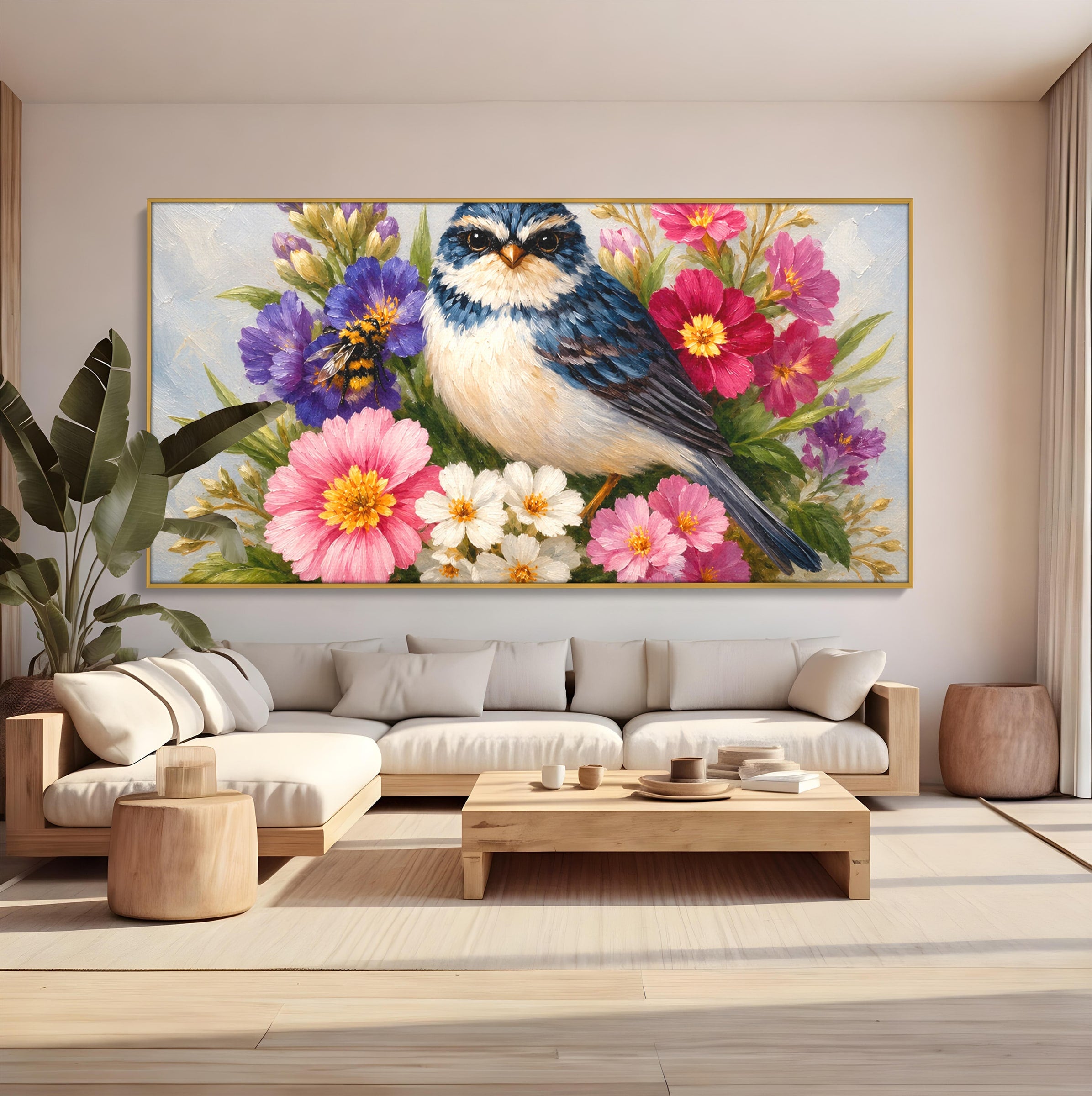 Tablou Canvas Premium LuxCanva® M1658, Pasare Printre Flori, Pasare, Flori, Natura, Primavara, Living, Dormitor, Culori Vibrante