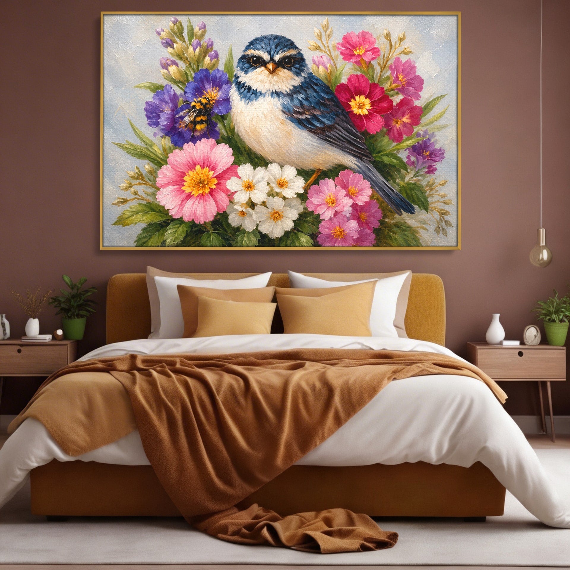 Tablou Canvas Premium LuxCanva® M1658, Pasare Printre Flori, Pasare, Flori, Natura, Primavara, Living, Dormitor, Culori Vibrante