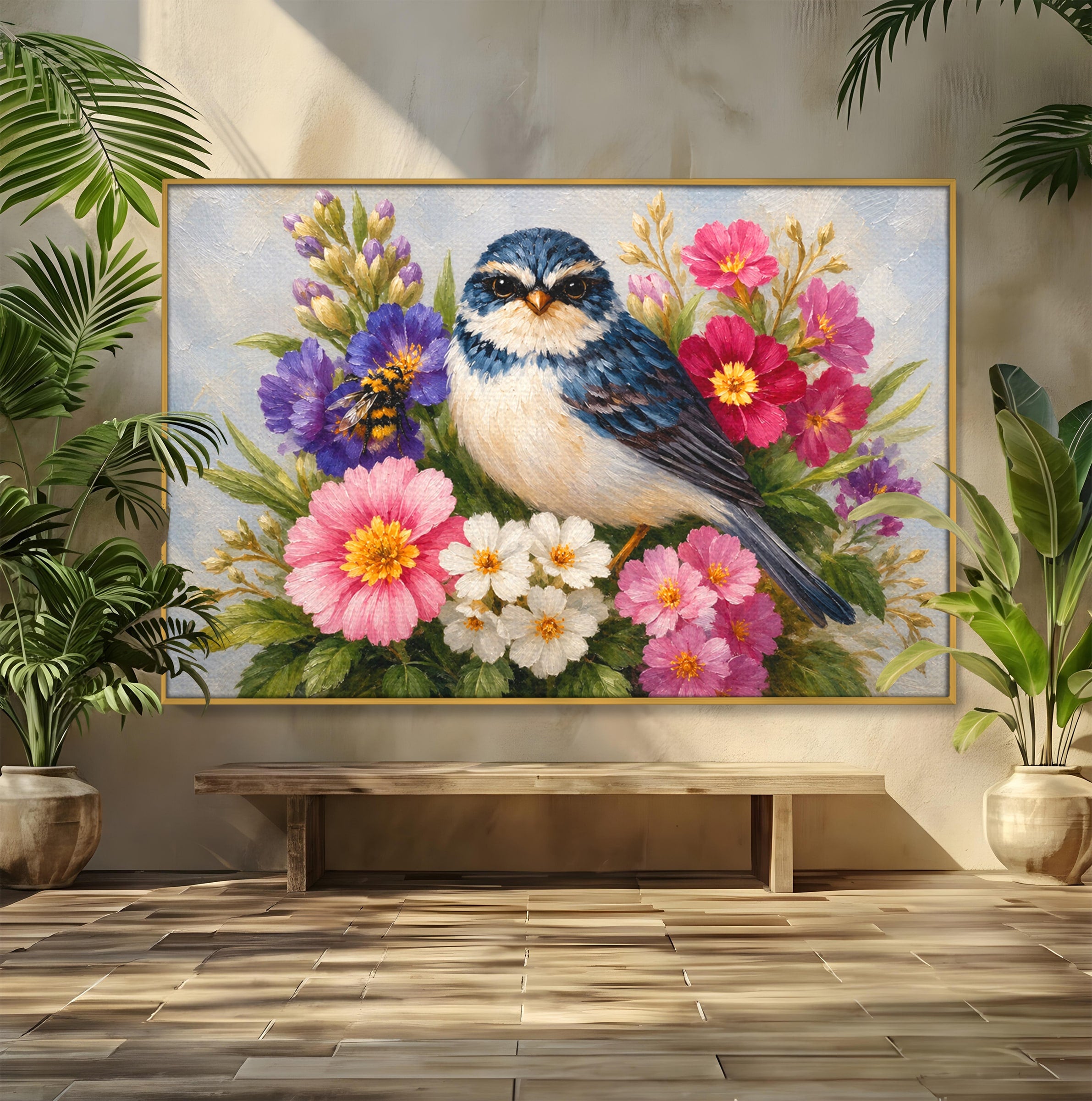 Tablou Canvas Premium LuxCanva® M1658, Pasare Printre Flori, Pasare, Flori, Natura, Primavara, Living, Dormitor, Culori Vibrante