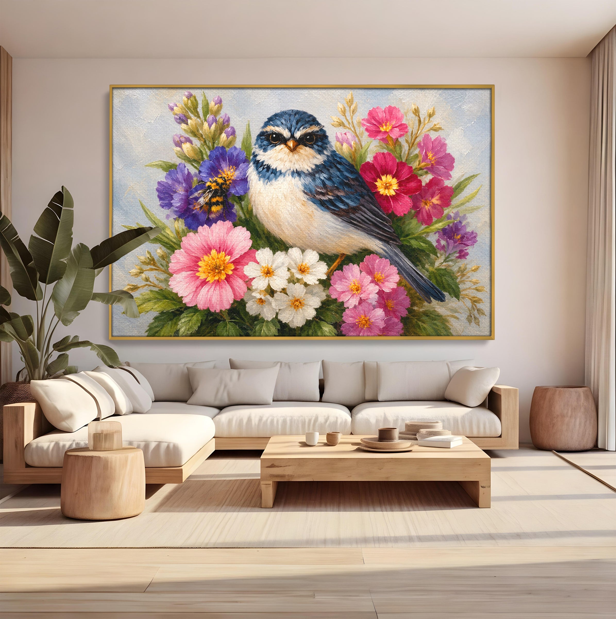 Tablou Canvas Premium LuxCanva® M1658, Pasare Printre Flori, Pasare, Flori, Natura, Primavara, Living, Dormitor, Culori Vibrante