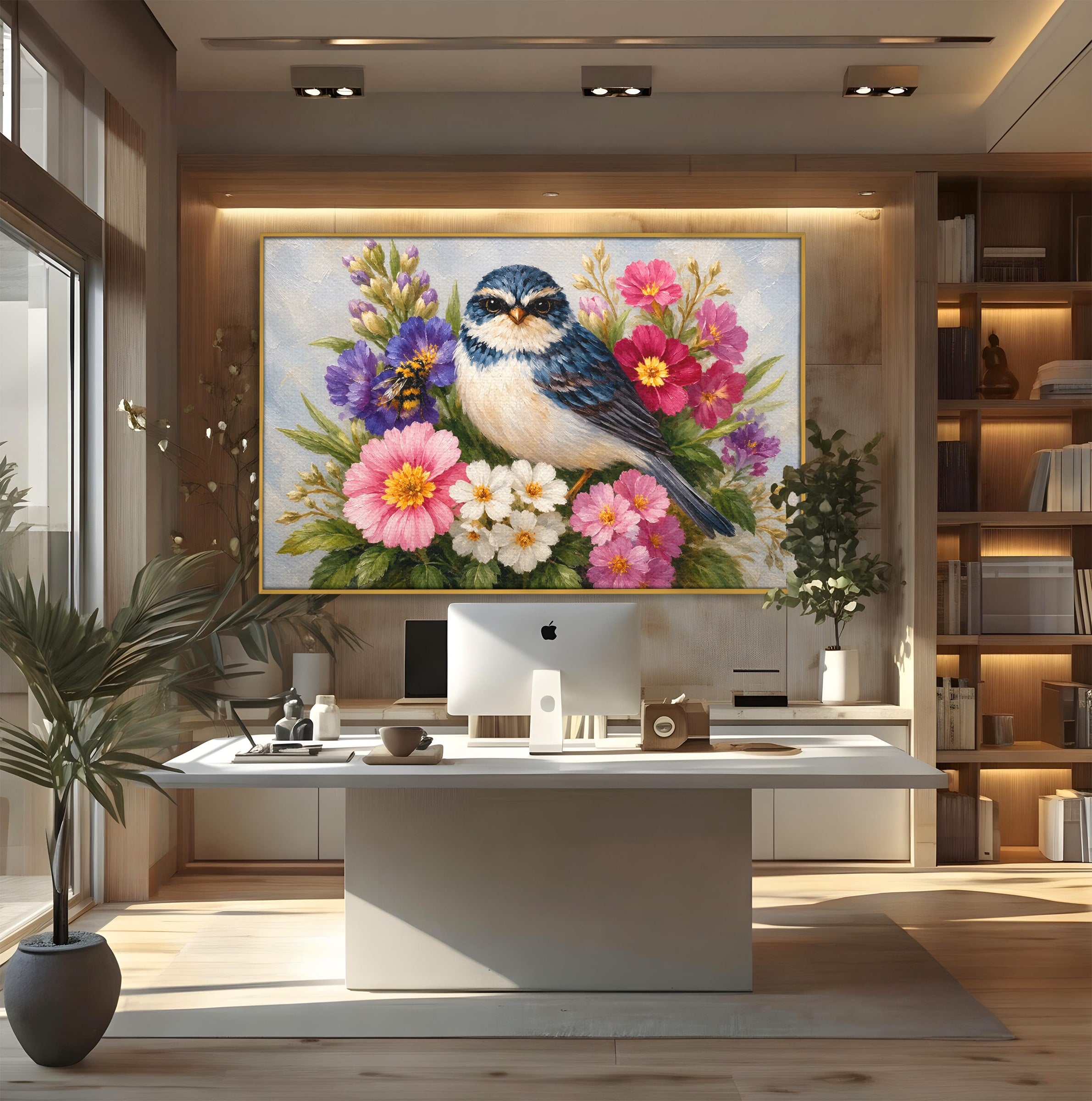 Tablou Canvas Premium LuxCanva® M1658, Pasare Printre Flori, Pasare, Flori, Natura, Primavara, Living, Dormitor, Culori Vibrante