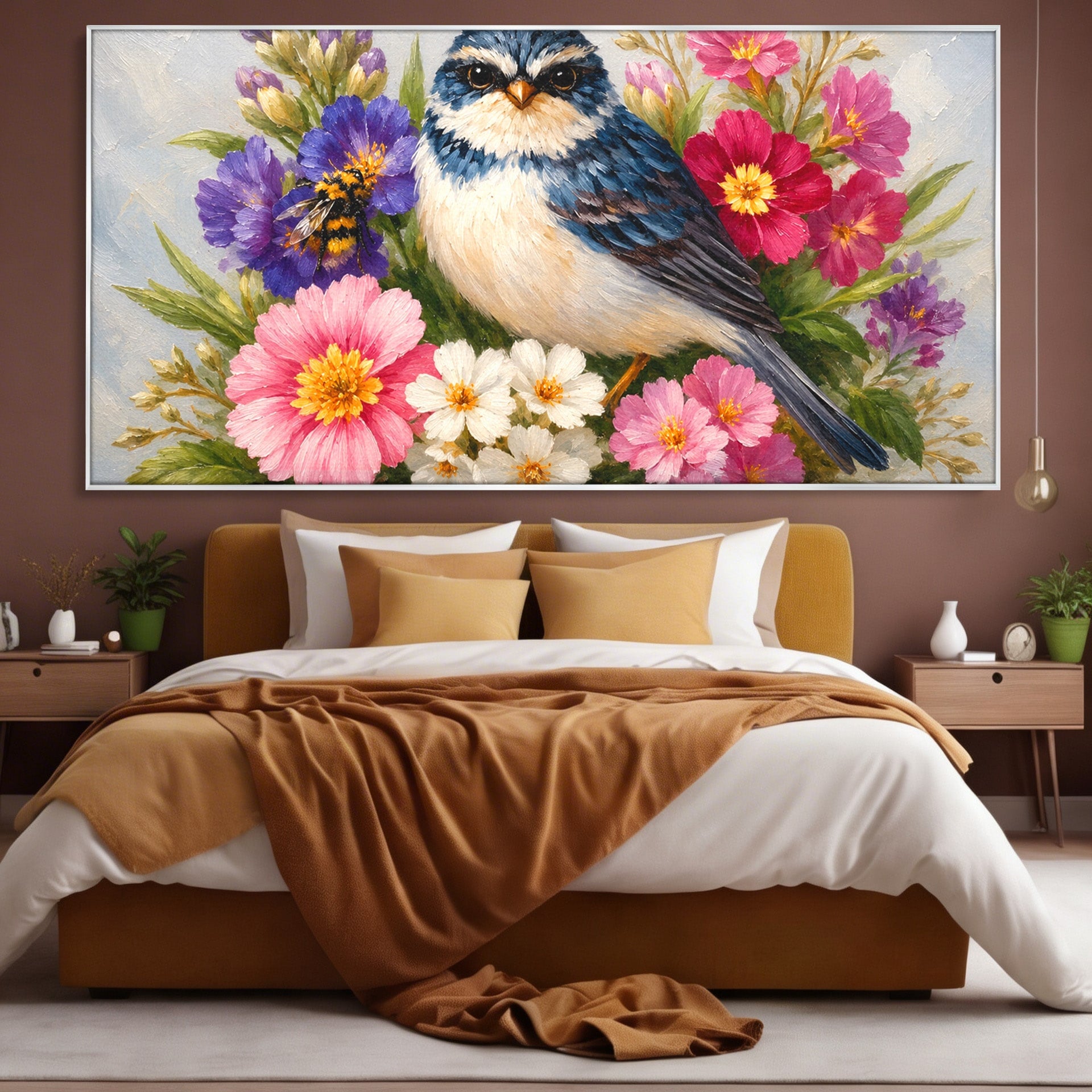 Tablou Canvas Premium LuxCanva® M1658, Pasare Printre Flori, Pasare, Flori, Natura, Primavara, Living, Dormitor, Culori Vibrante