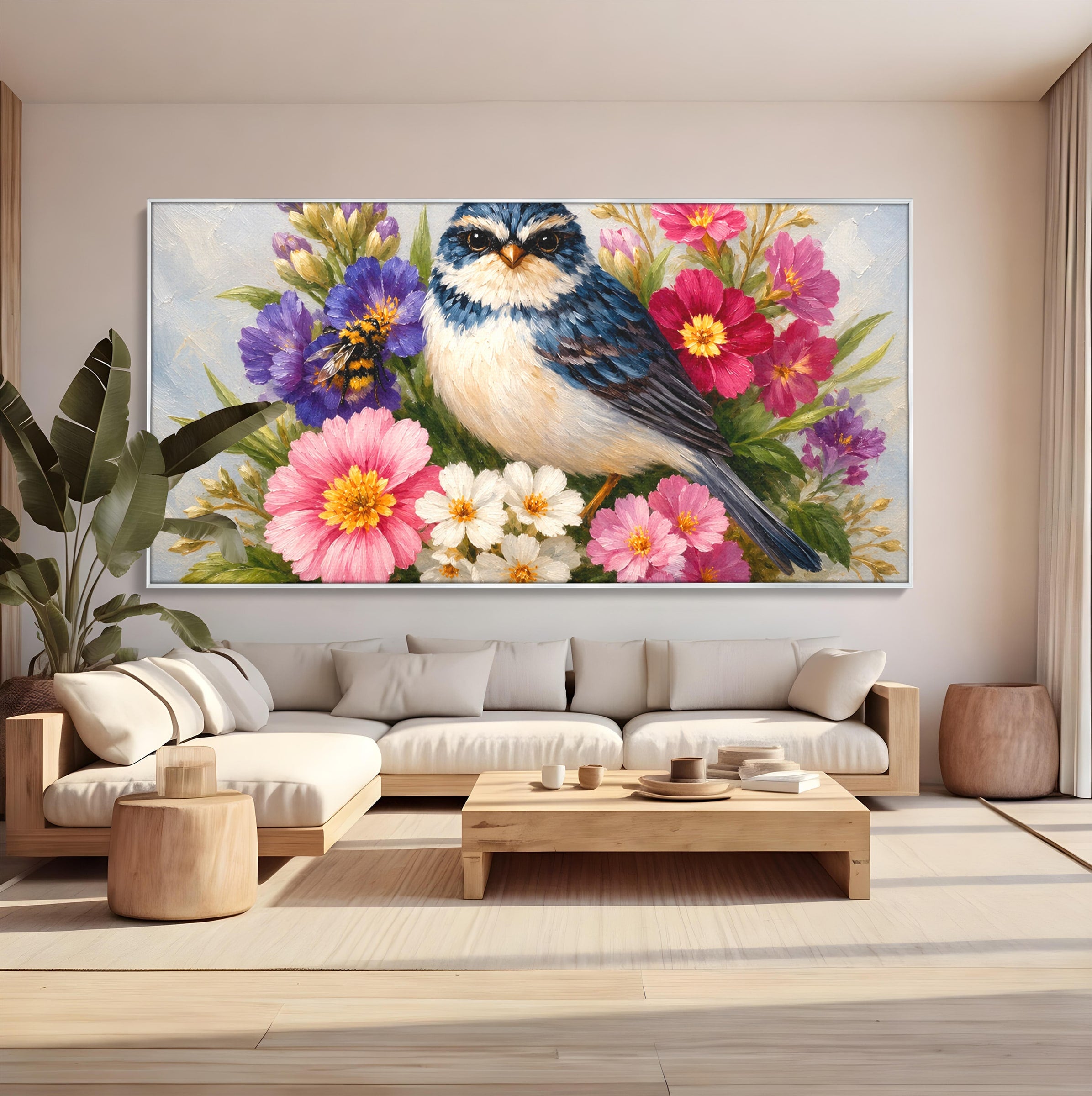 Tablou Canvas Premium LuxCanva® M1658, Pasare Printre Flori, Pasare, Flori, Natura, Primavara, Living, Dormitor, Culori Vibrante