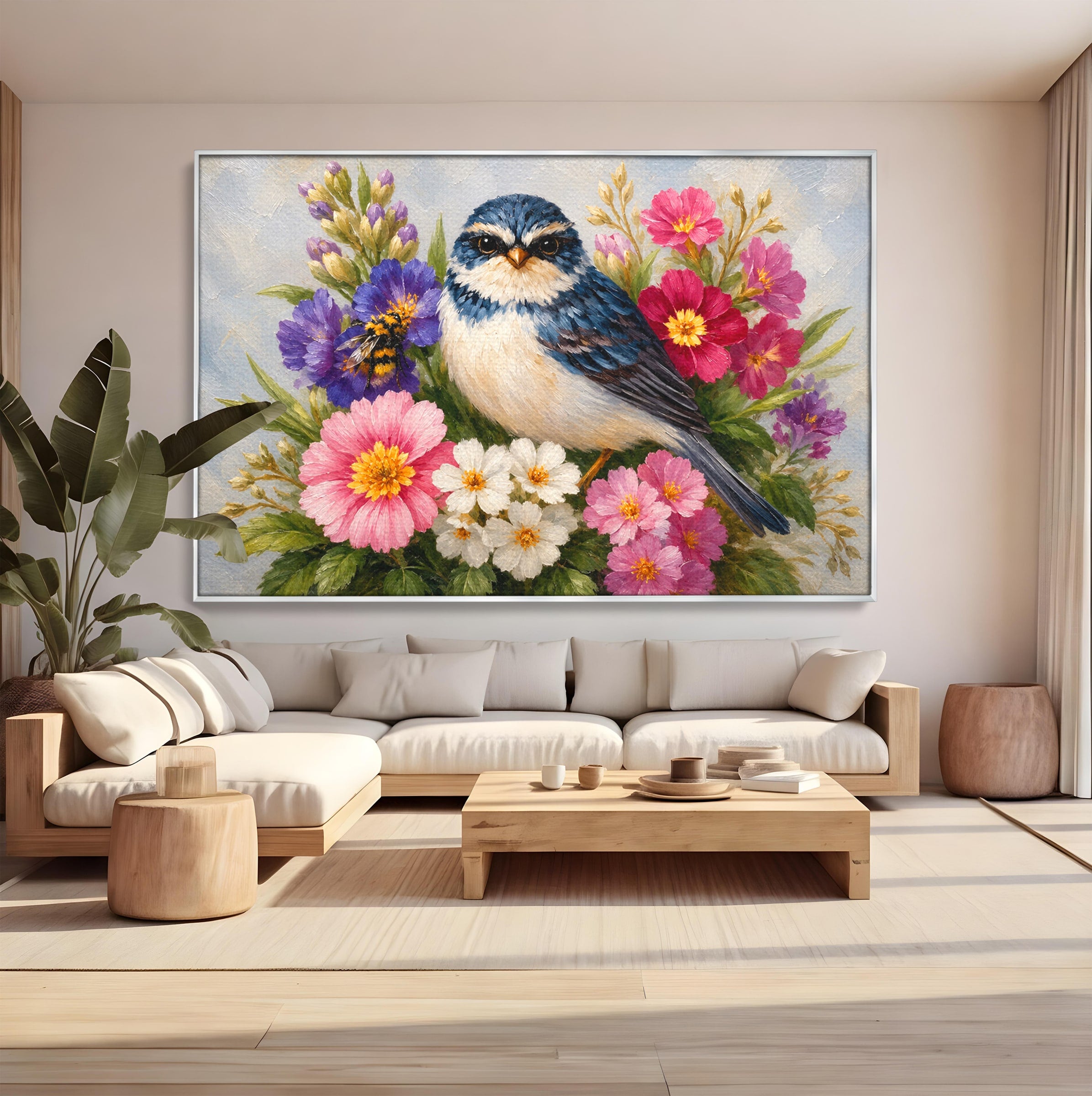 Tablou Canvas Premium LuxCanva® M1658, Pasare Printre Flori, Pasare, Flori, Natura, Primavara, Living, Dormitor, Culori Vibrante