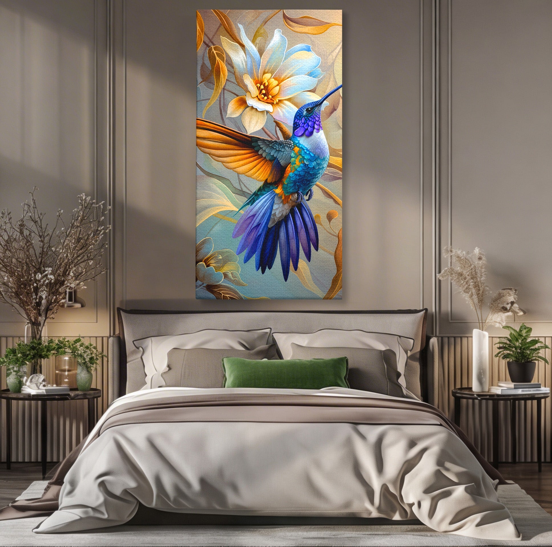 Tablou Canvas Premium LuxCanva® M1660, Colibri Exotic, Colibri, Pasare, Flori, Natura, Dormitor, Culori Vibrante
